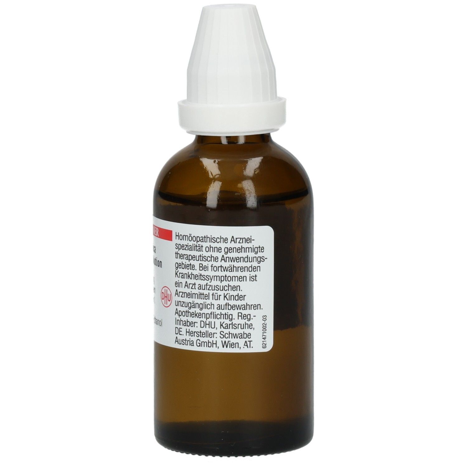 Braune Glasflasche mit weißem Verschluss. Etikett mit Produktinformationen und DHU-Logo. Produktname nicht lesbar.