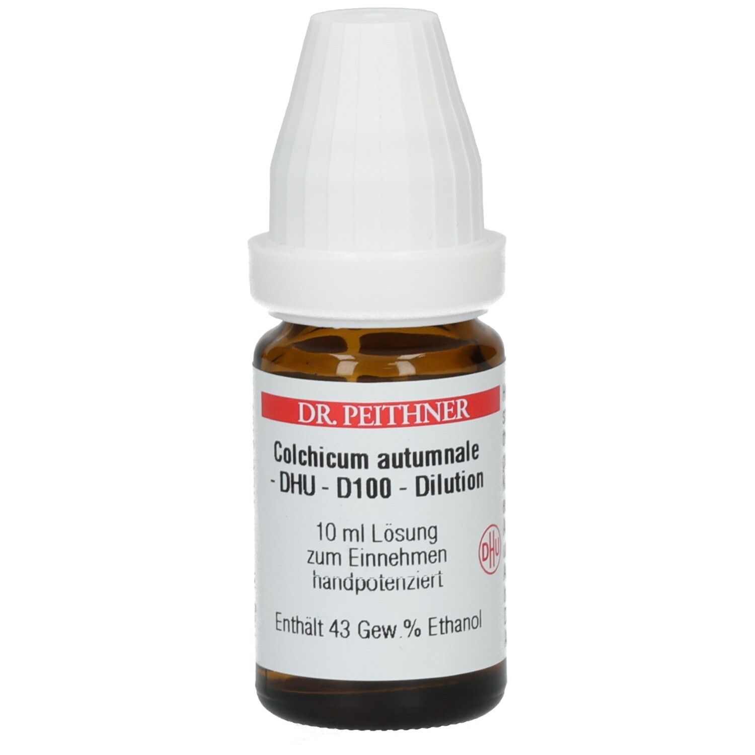 Braune Glasflasche mit weißem Verschluss. Beschriftung: Colchicum autumnale D100 DHU DIL, 10 ml Lösung, Dr. Peithner.
