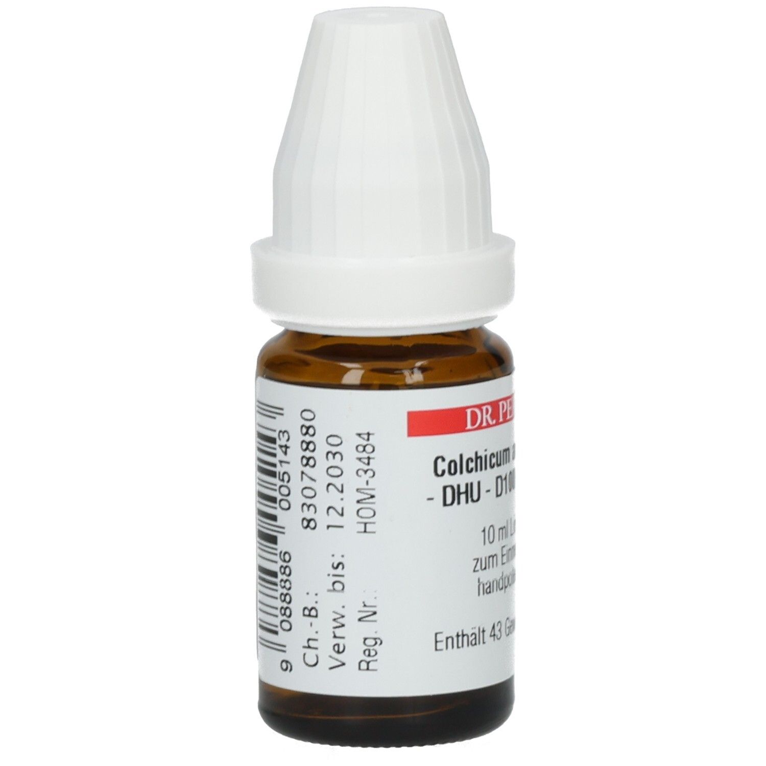 Braune Glasflasche mit weißem Verschluss. Aufkleber mit Barcode und Chargennummer. Beschriftung: Colchicum autumnale D100 DHU DIL.