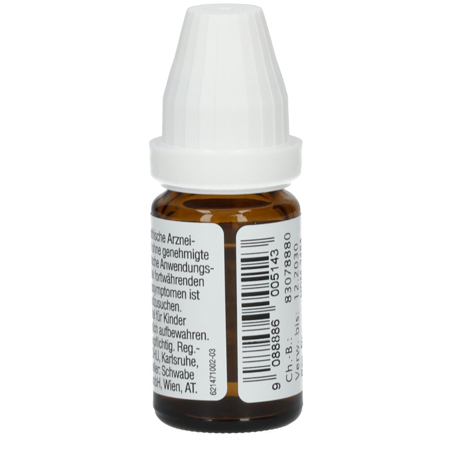 Braune Glasflasche mit weißem Verschluss. Aufkleber mit Text und Barcode. Beschriftung: Colchicum autumnale D100 DHU DIL.