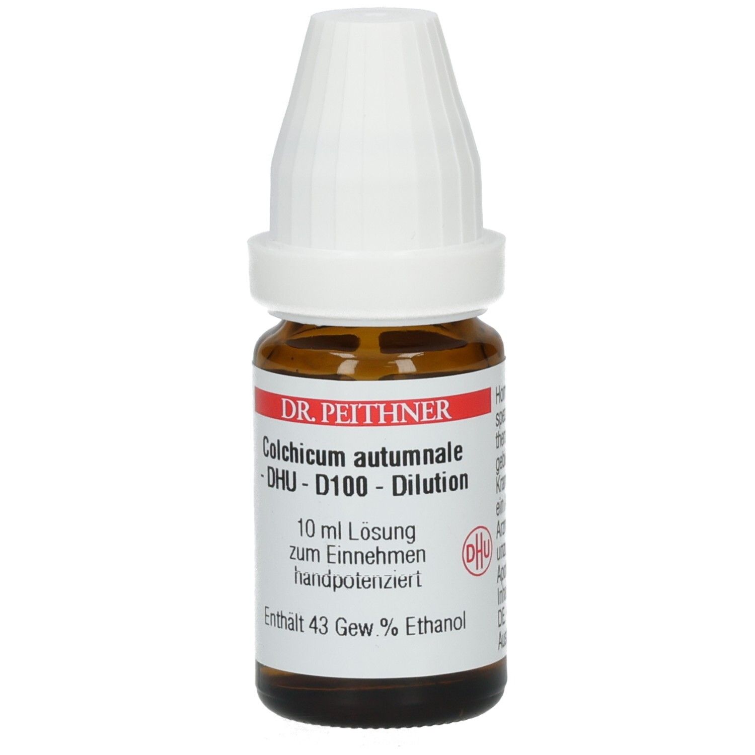 Braune Glasflasche mit weißem Verschluss. Beschriftung: Colchicum autumnale D100 DHU DIL, 10 ml Lösung, Dr. Peithner.