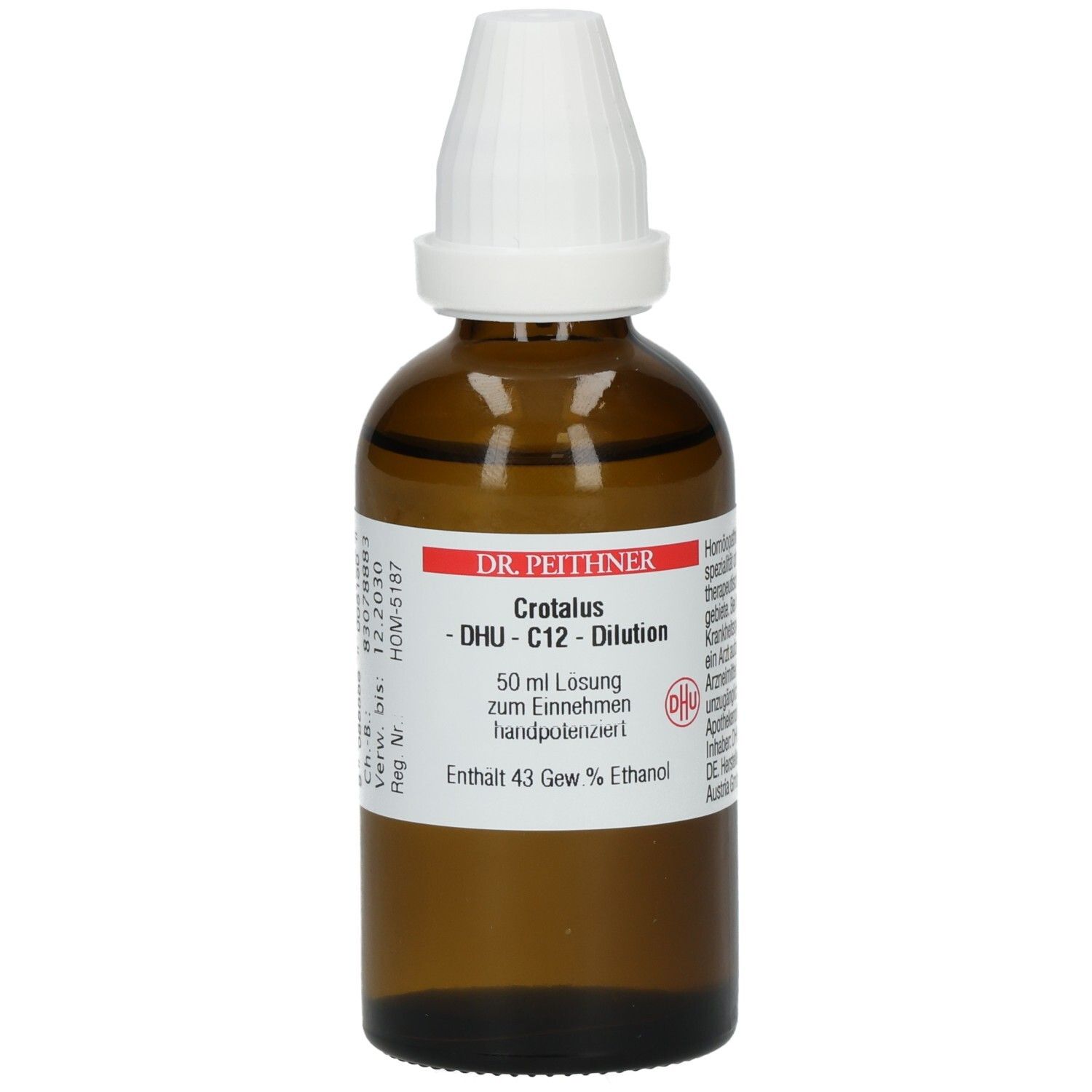 Braune Glasflasche mit weißem Verschluss. Etikett mit Produktnamen, Hersteller und Inhaltsangaben. Enthält 43 Gew.% Ethanol.