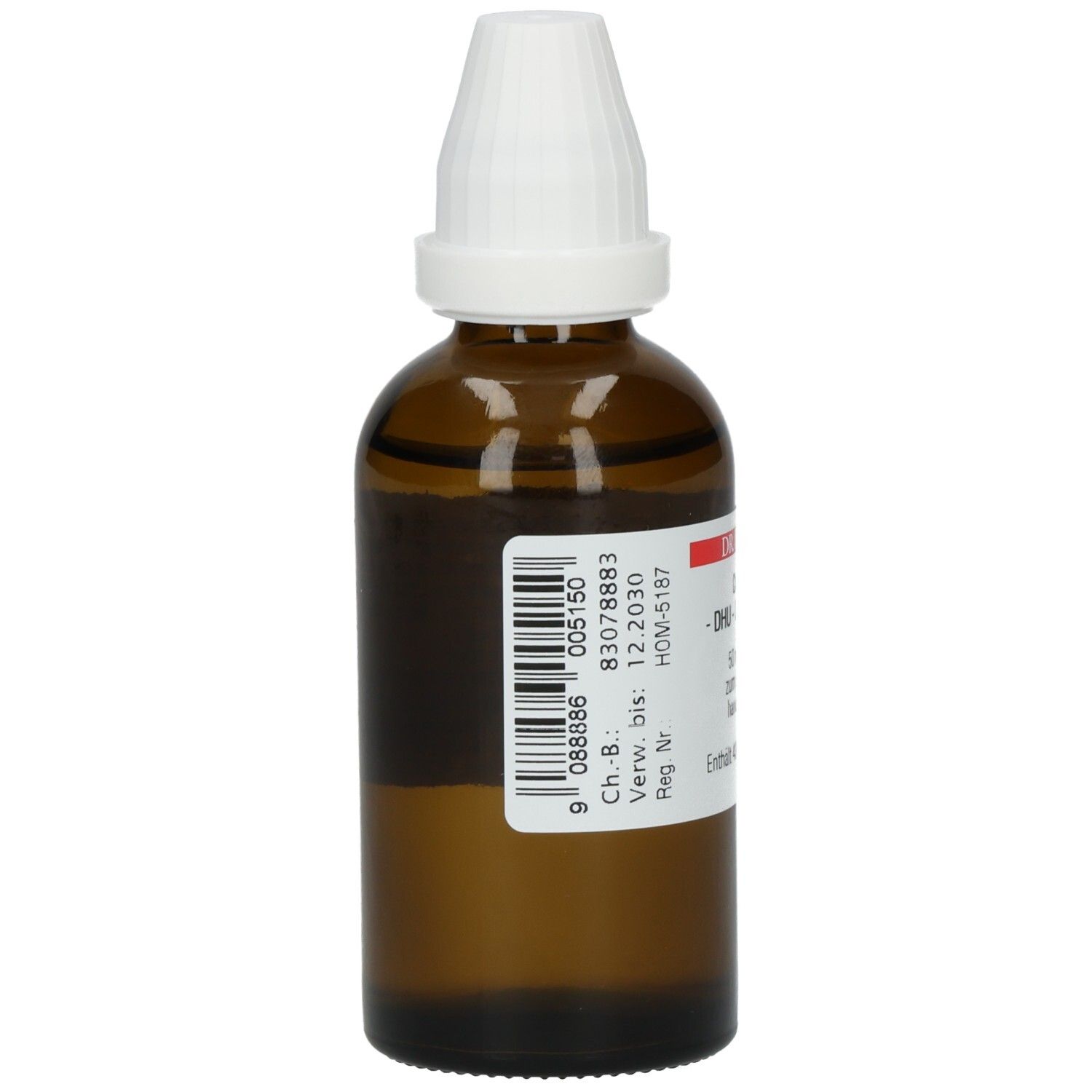 Braune Glasflasche mit weißem Verschluss. Etikett mit Barcode und Chargennummer. Enthält 43 Gew.% Ethanol.