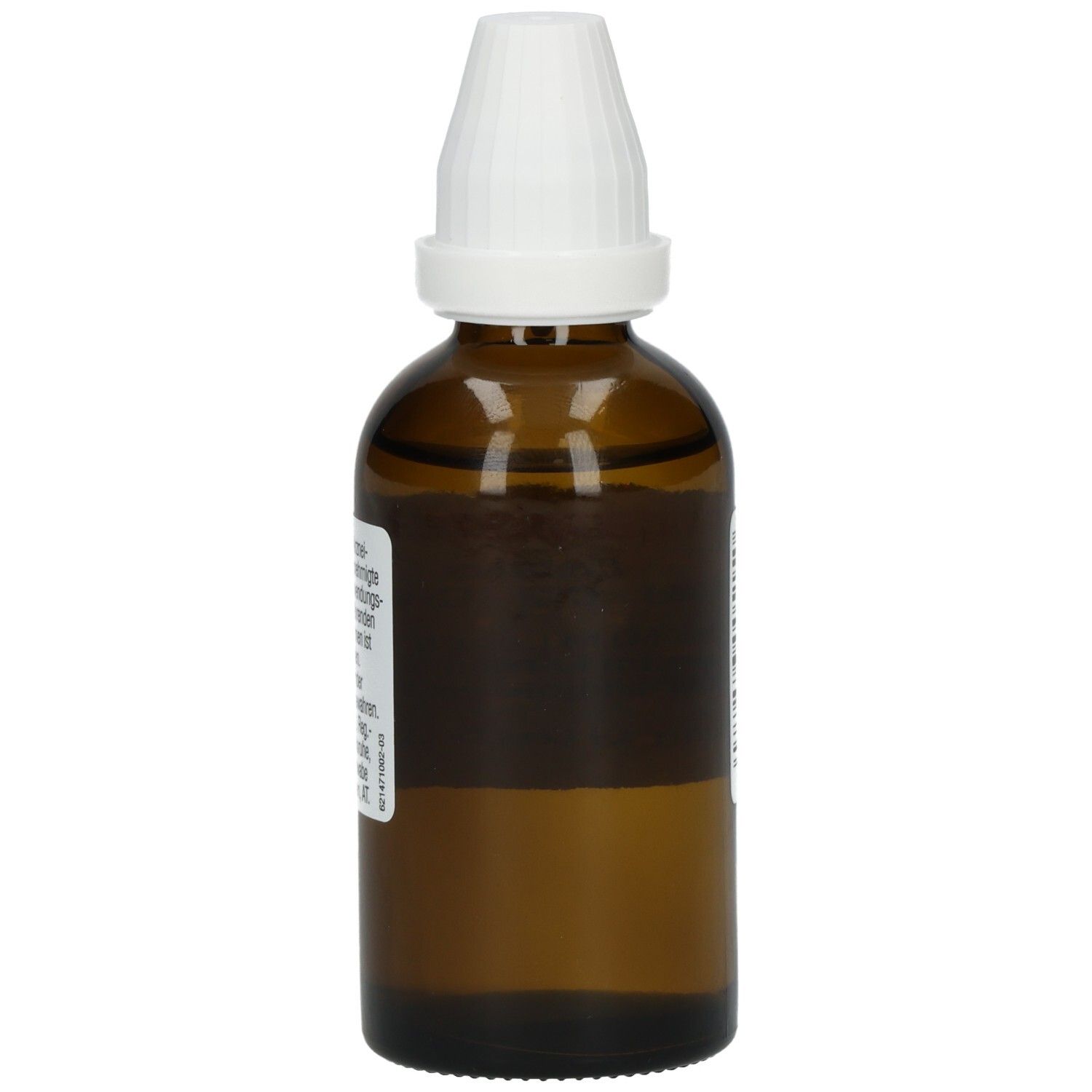 Braune Glasflasche mit weißem Verschluss. Etikett mit Text. Enthält 43 Gew.% Ethanol.
