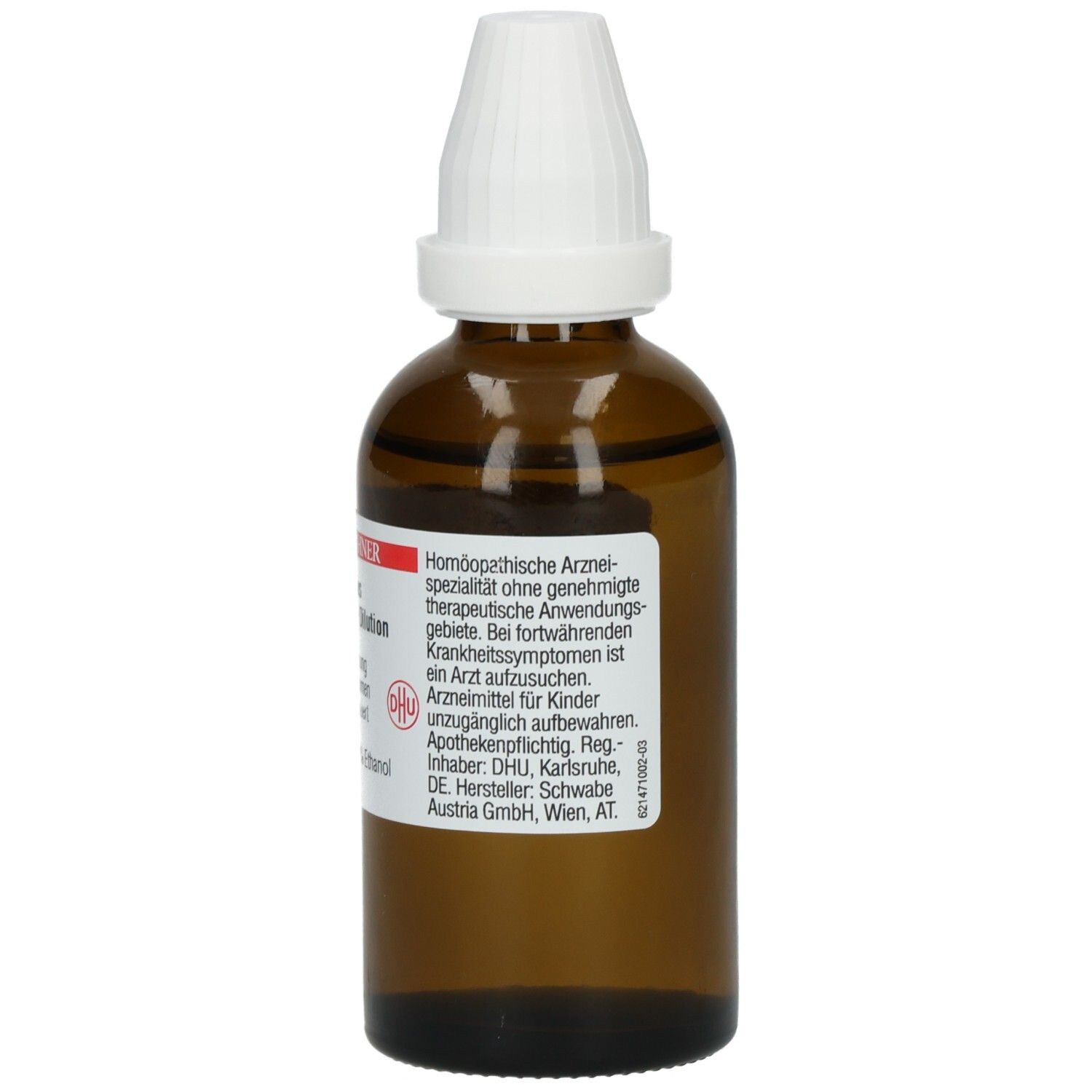 Braune Glasflasche mit weißem Verschluss. Etikett mit Produktinformationen, Hersteller und Warnhinweisen. Enthält 43 Gew.% Ethanol.