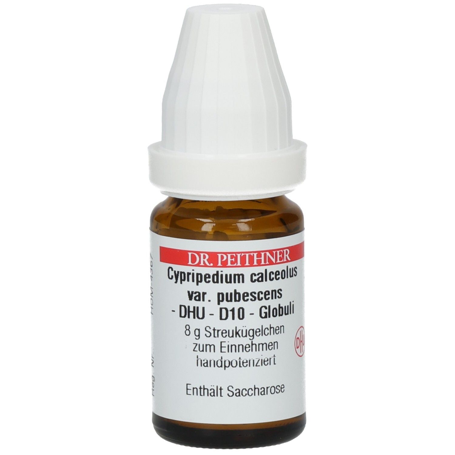 Braune Glasflasche mit weißem Deckel. Etikett mit Produktinformationen: DR. PEITHNER, D10 Globuli, 8g Streukügelchen.
