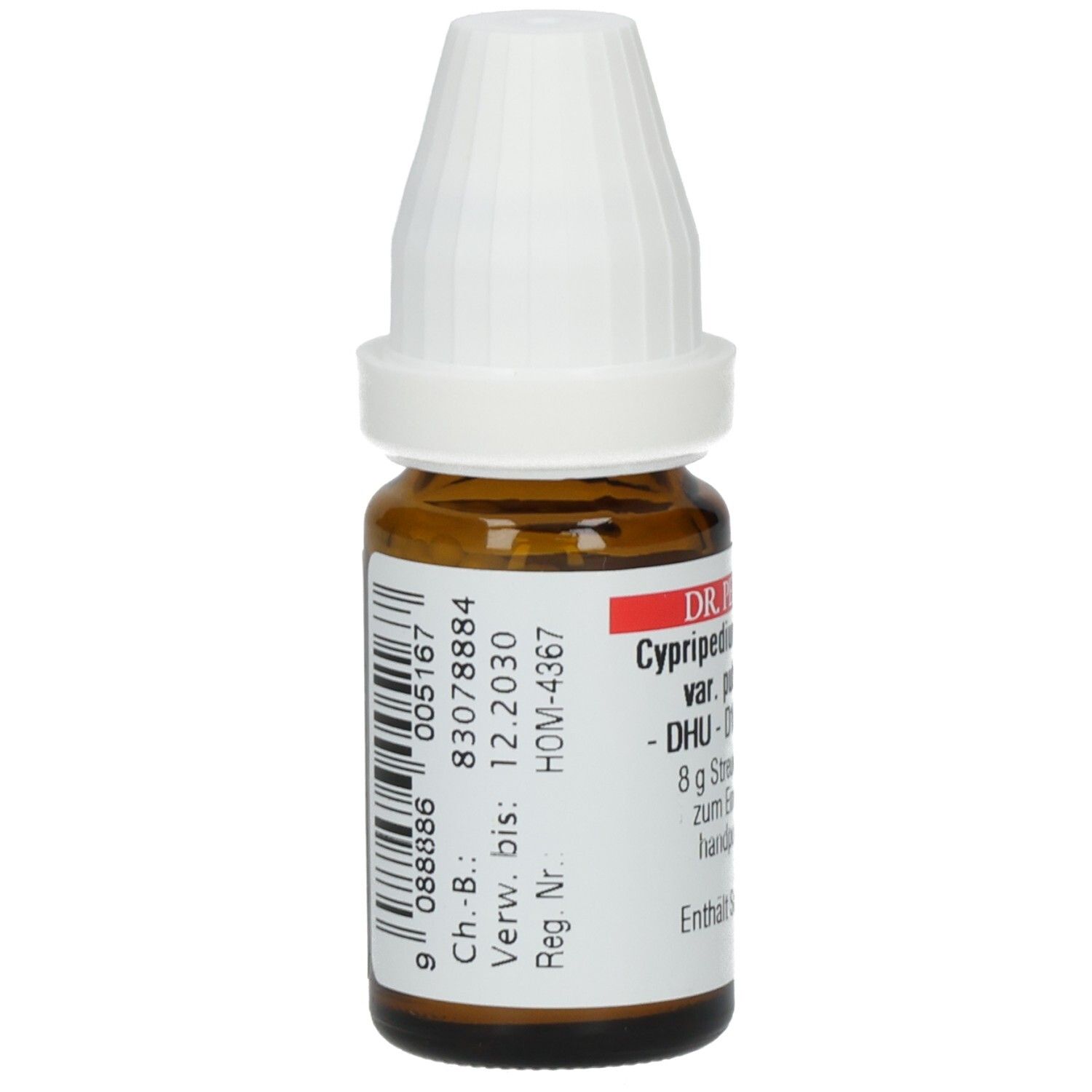 Braune Glasflasche mit weißem Deckel. Etikett mit Barcode und Chargennummer. Produktinformationen: DR. PEITHNER, D10 Globuli.