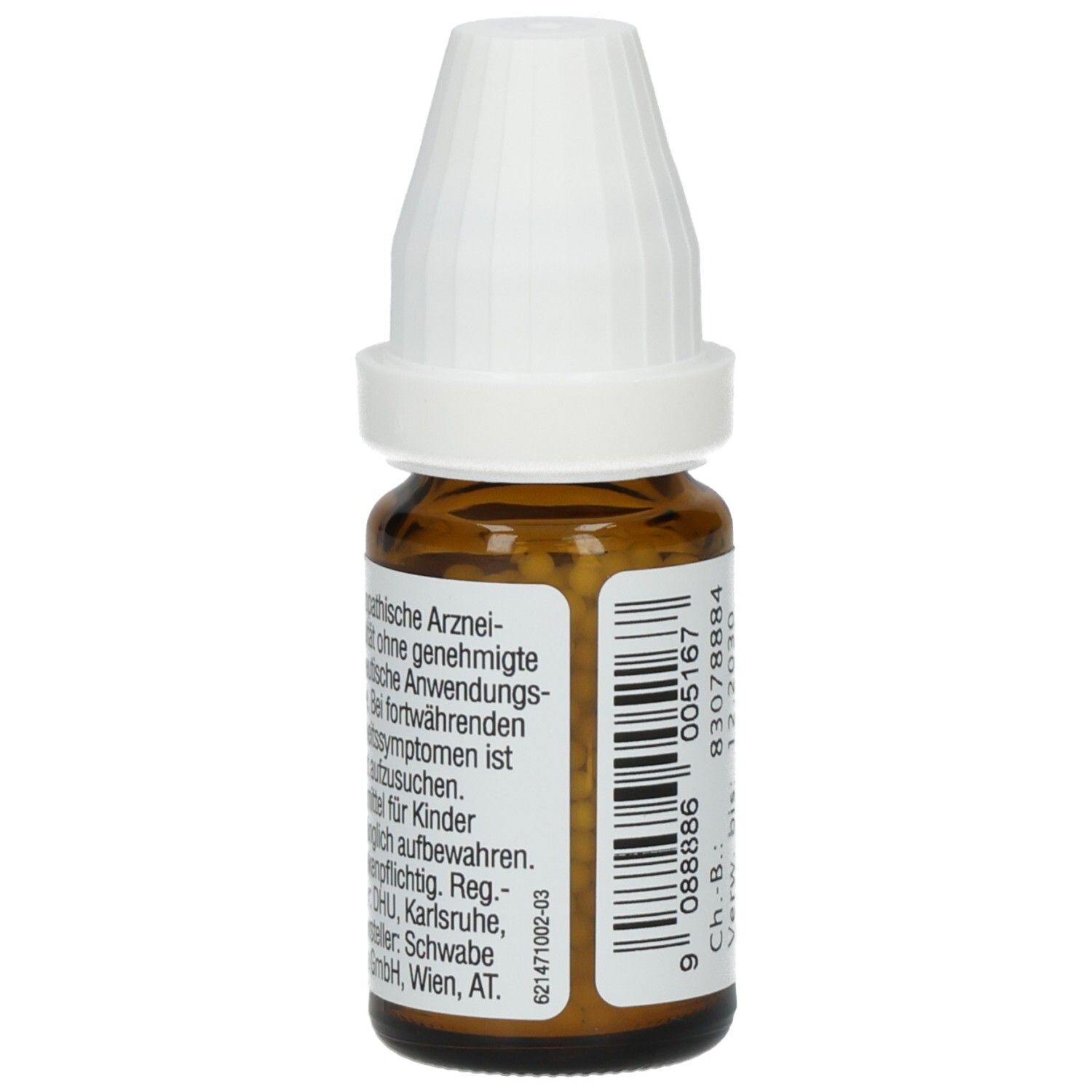 Braune Glasflasche mit weißem Deckel. Etikett mit Produktinformationen und Text. Enthält Saccharose. D10 Globuli.