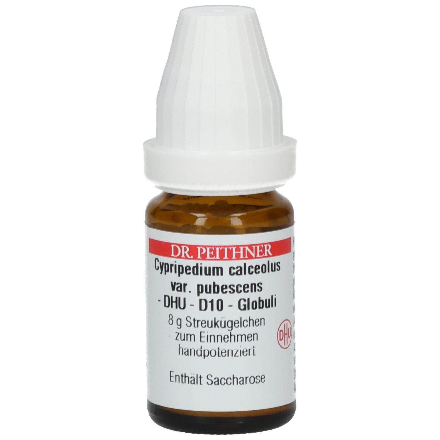 Braune Glasflasche mit weißem Deckel. Etikett mit Produktinformationen: DR. PEITHNER, D10 Globuli, 8g Streukügelchen.