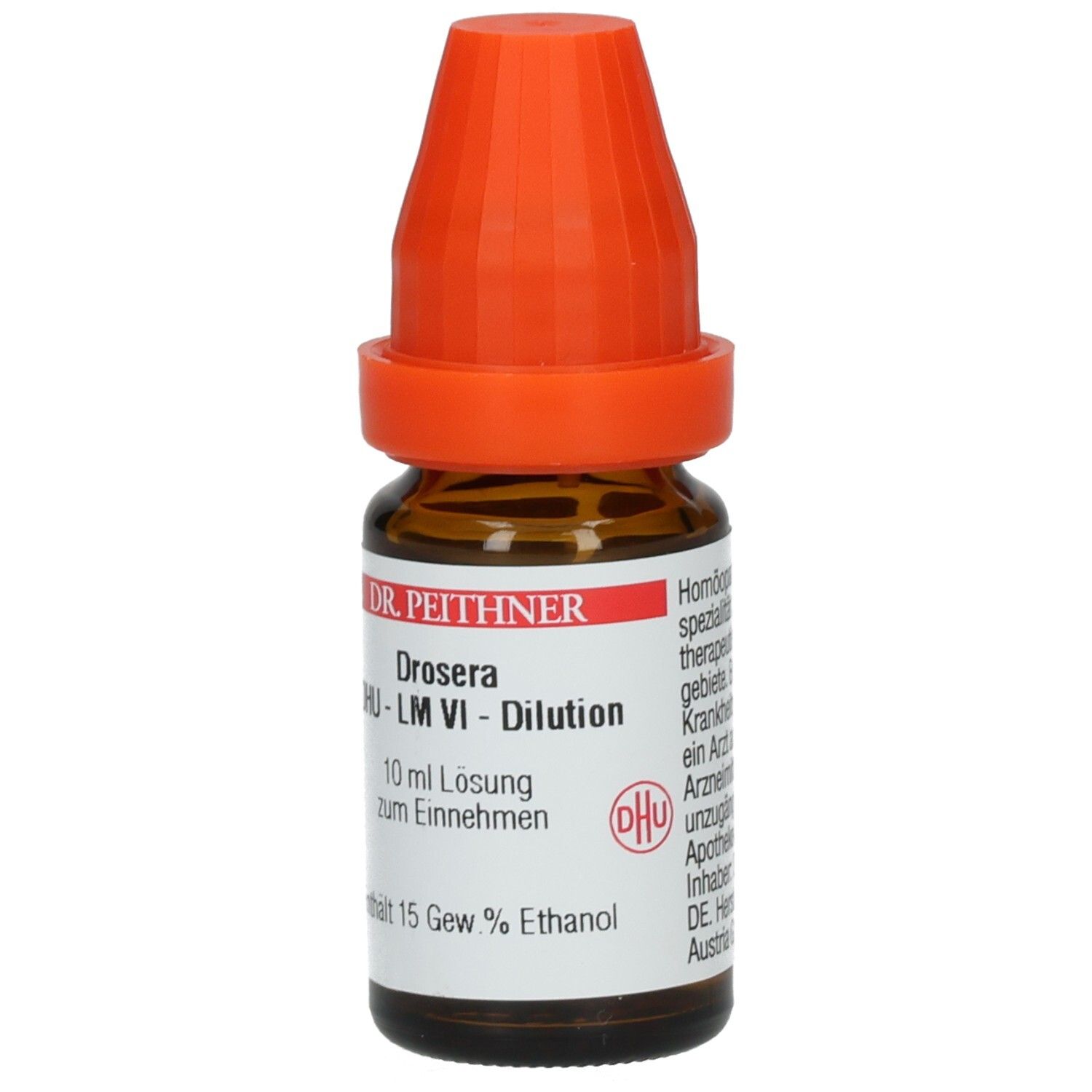 Braune Glasflasche mit orangefarbenem Verschluss. Etikett mit Produktnamen und DHU-Logo. Enthält 10 ml Lösung.