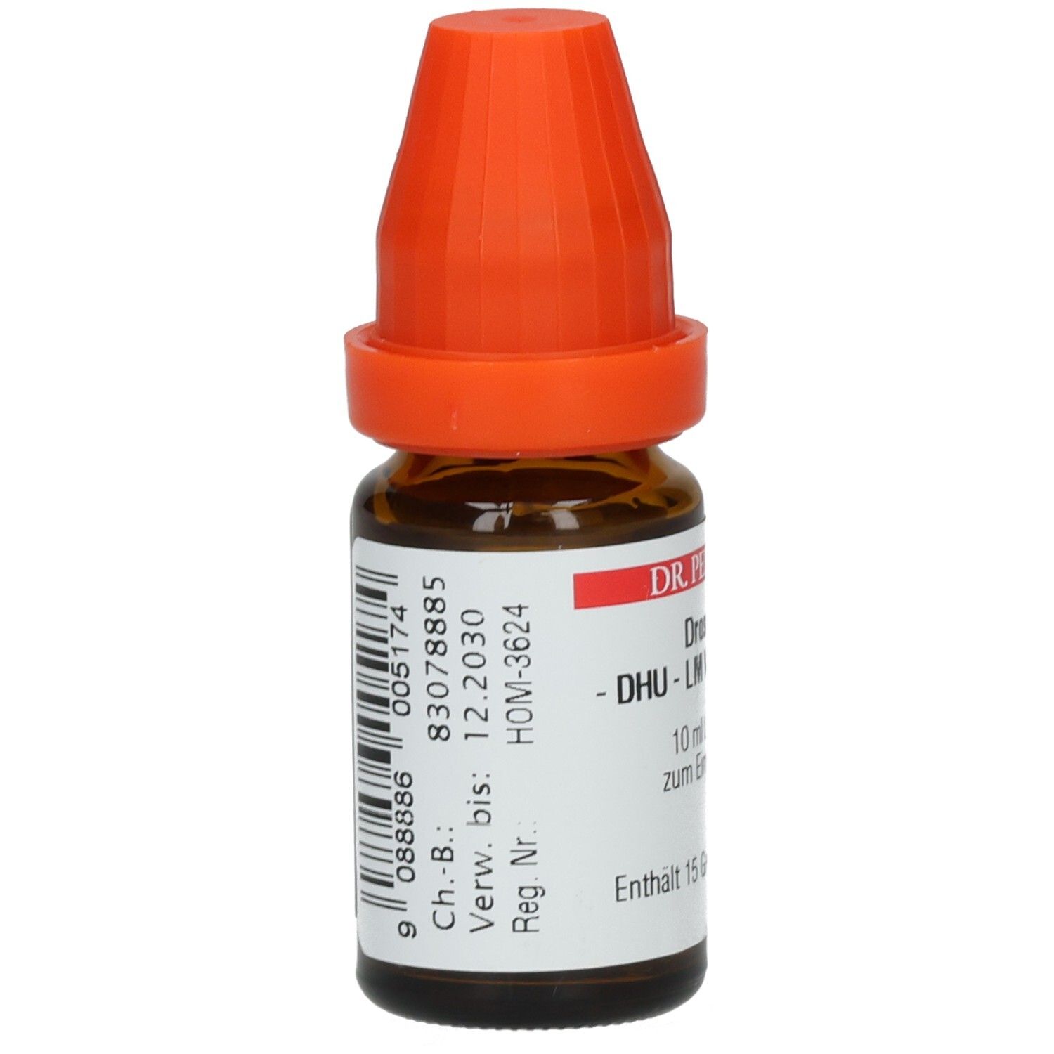Braune Glasflasche mit orangefarbenem Verschluss. Etikett mit Barcode und Chargennummer. Enthält 10 ml Lösung.