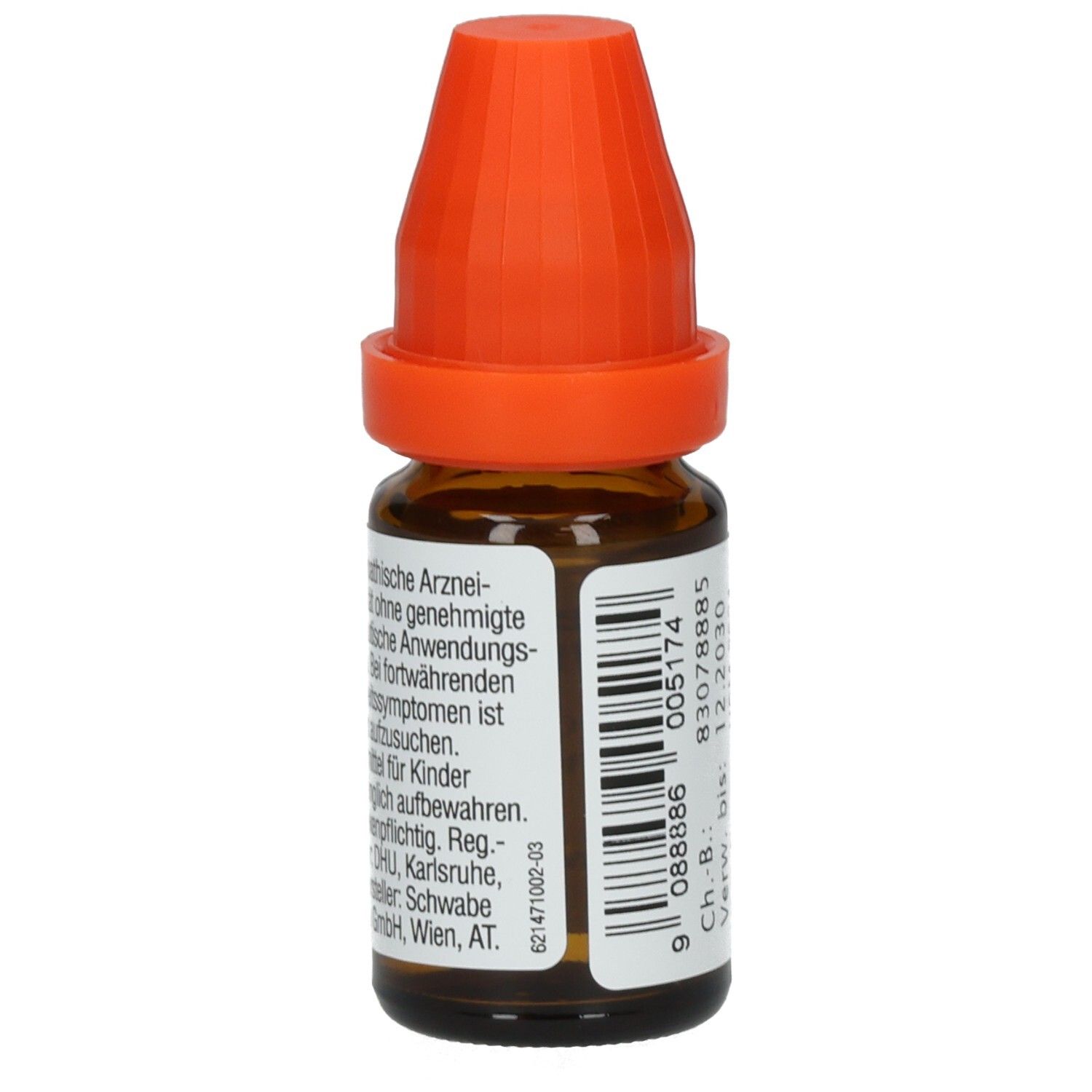 Braune Glasflasche mit orangefarbenem Verschluss. Etikett mit Produktinformationen und DHU-Logo. 10 ml Lösung.