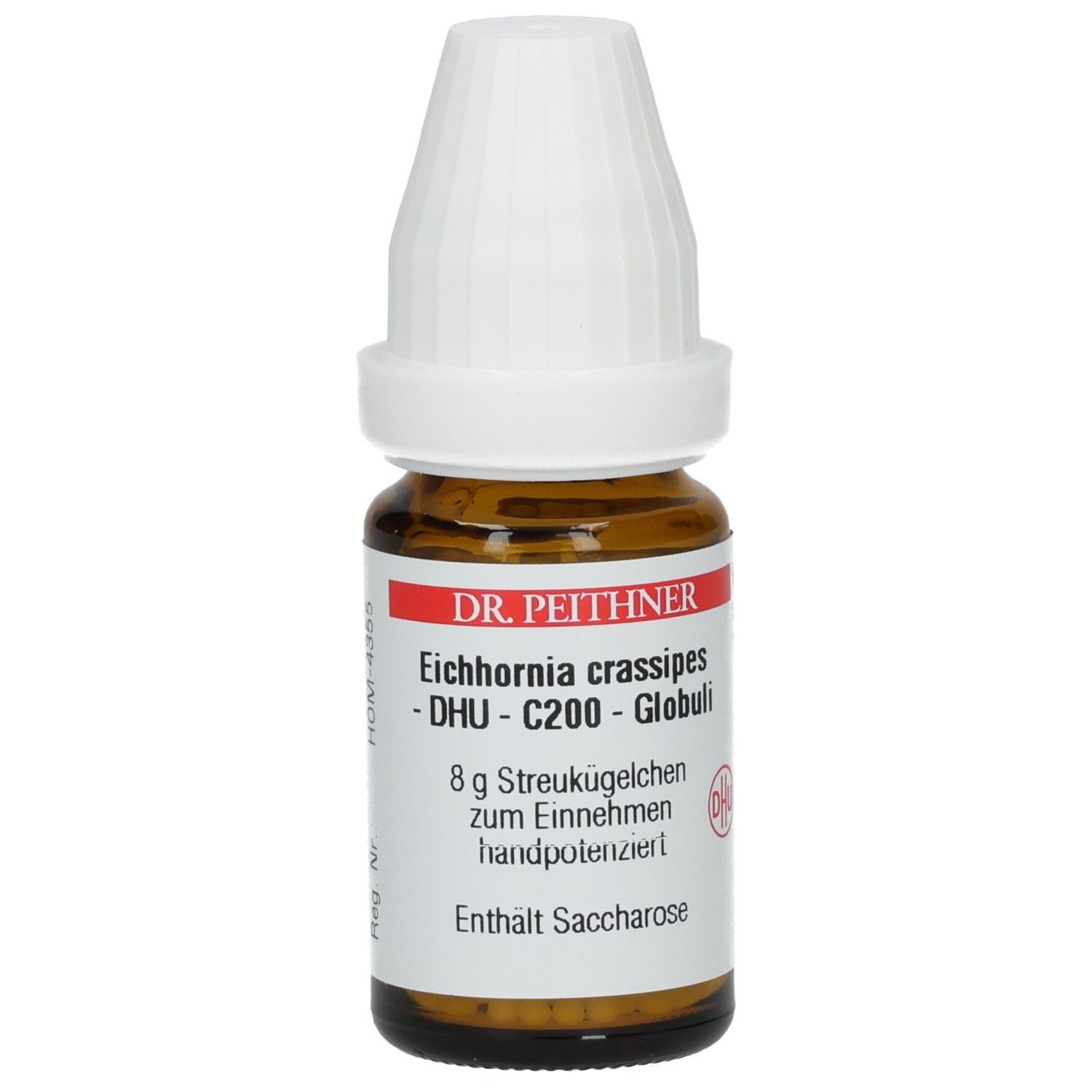 Braune Glasflasche mit weißem Verschluss. Beschriftung: Eichhornia crassipes - DHU - C200 - Globuli. Enthält Saccharose.