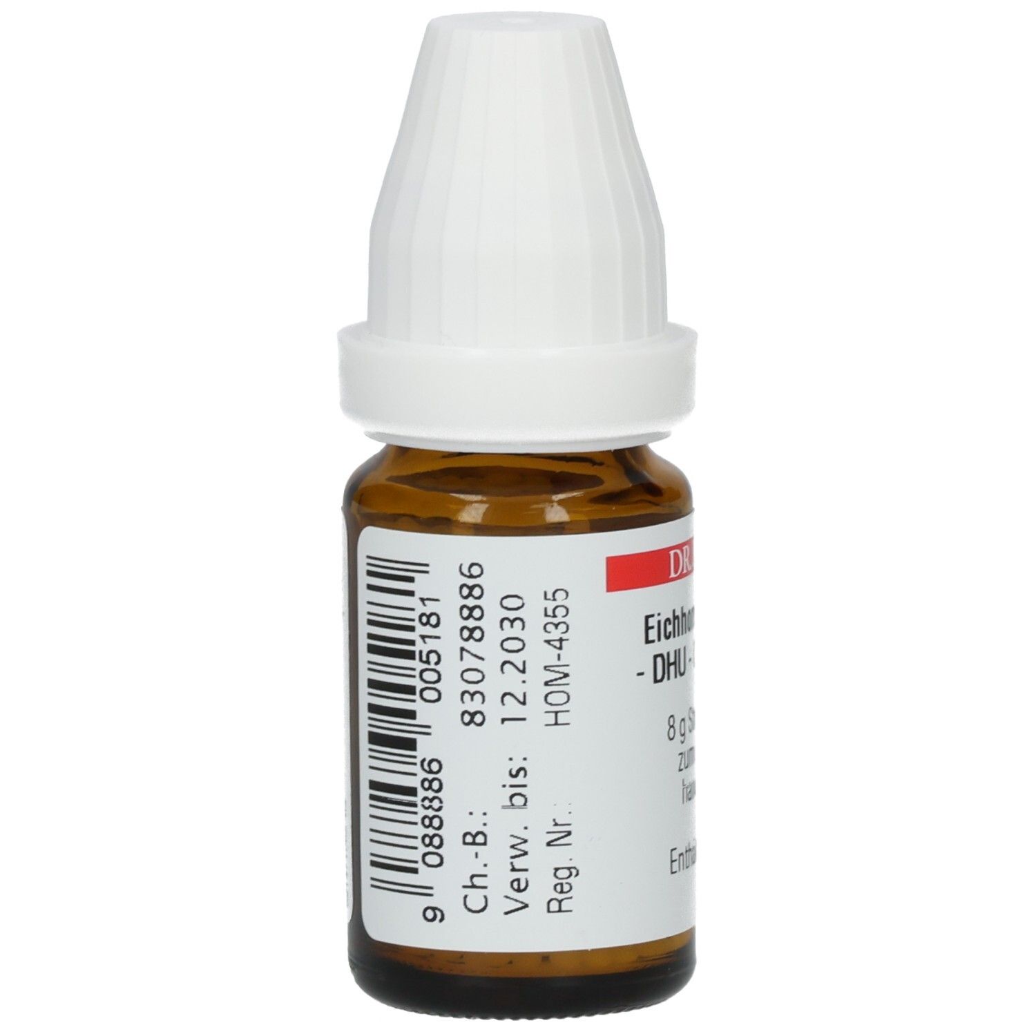 Braune Glasflasche mit weißem Verschluss. Etikett mit Barcode und weiteren Informationen. Verfallsdatum: 12.2030.