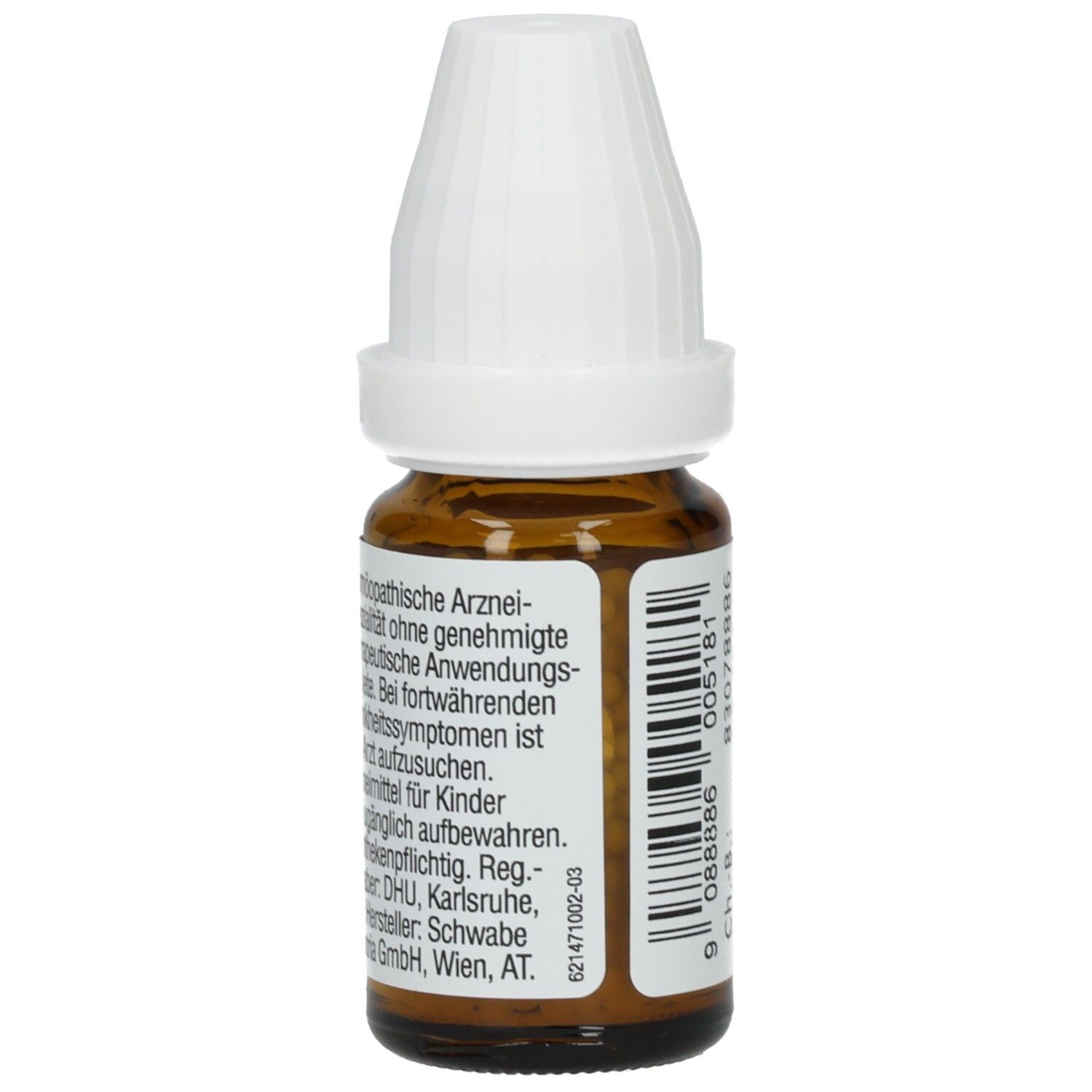 Braune Glasflasche mit weißem Verschluss. Etikett mit Text über homöopathische Arzneimittel. Hersteller: Schwabe GmbH.