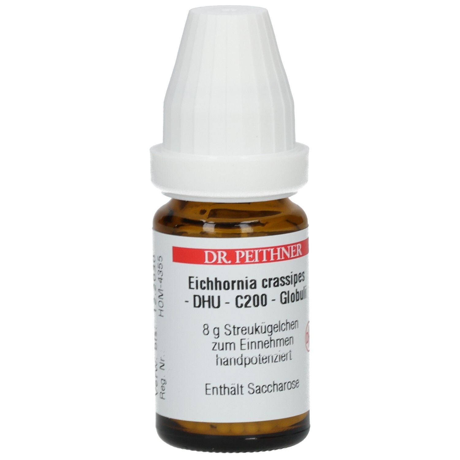 Braune Glasflasche mit weißem Verschluss. Beschriftung: Eichhornia crassipes - DHU - C200 - Globuli. Enthält Saccharose.