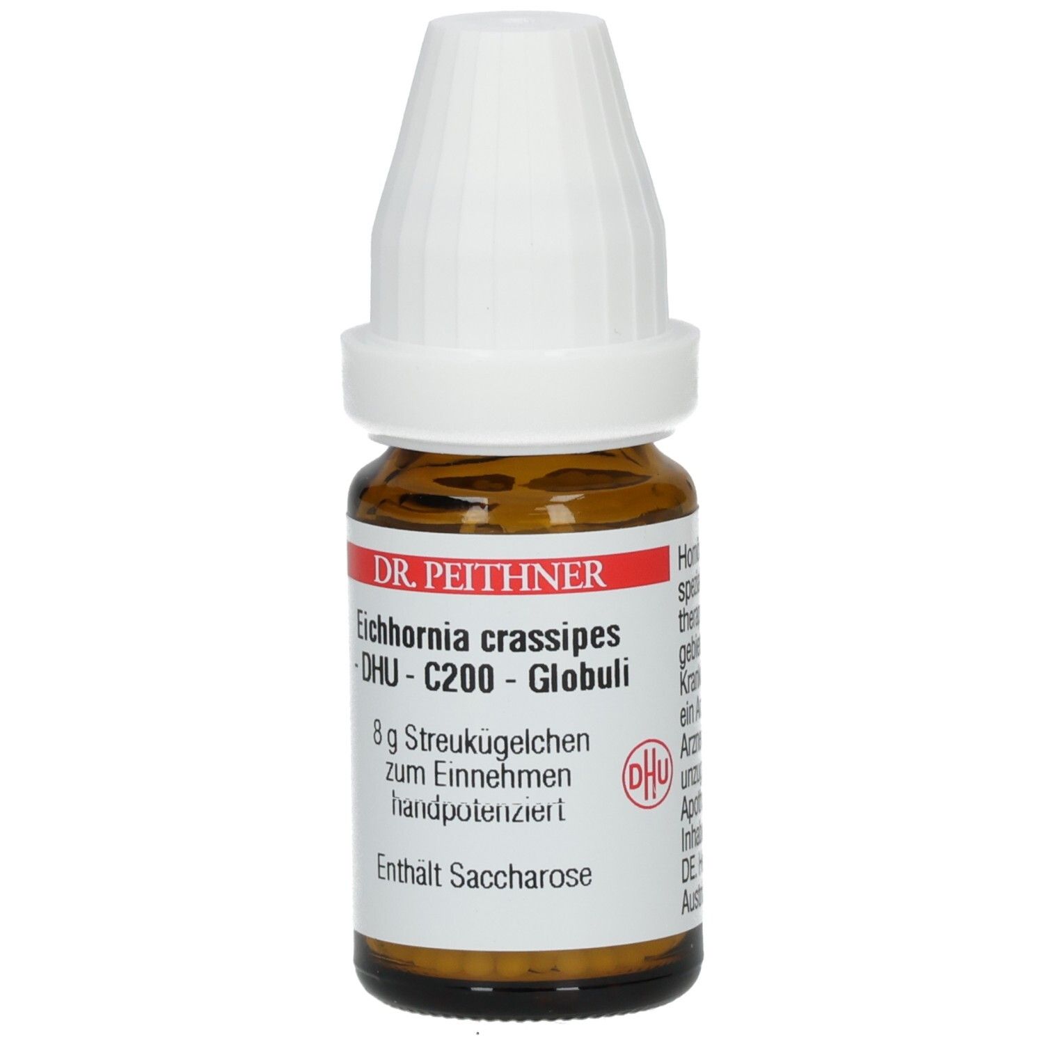 Braune Glasflasche mit weißem Verschluss. Beschriftung: Eichhornia crassipes - DHU - C200 - Globuli. DHU Logo.