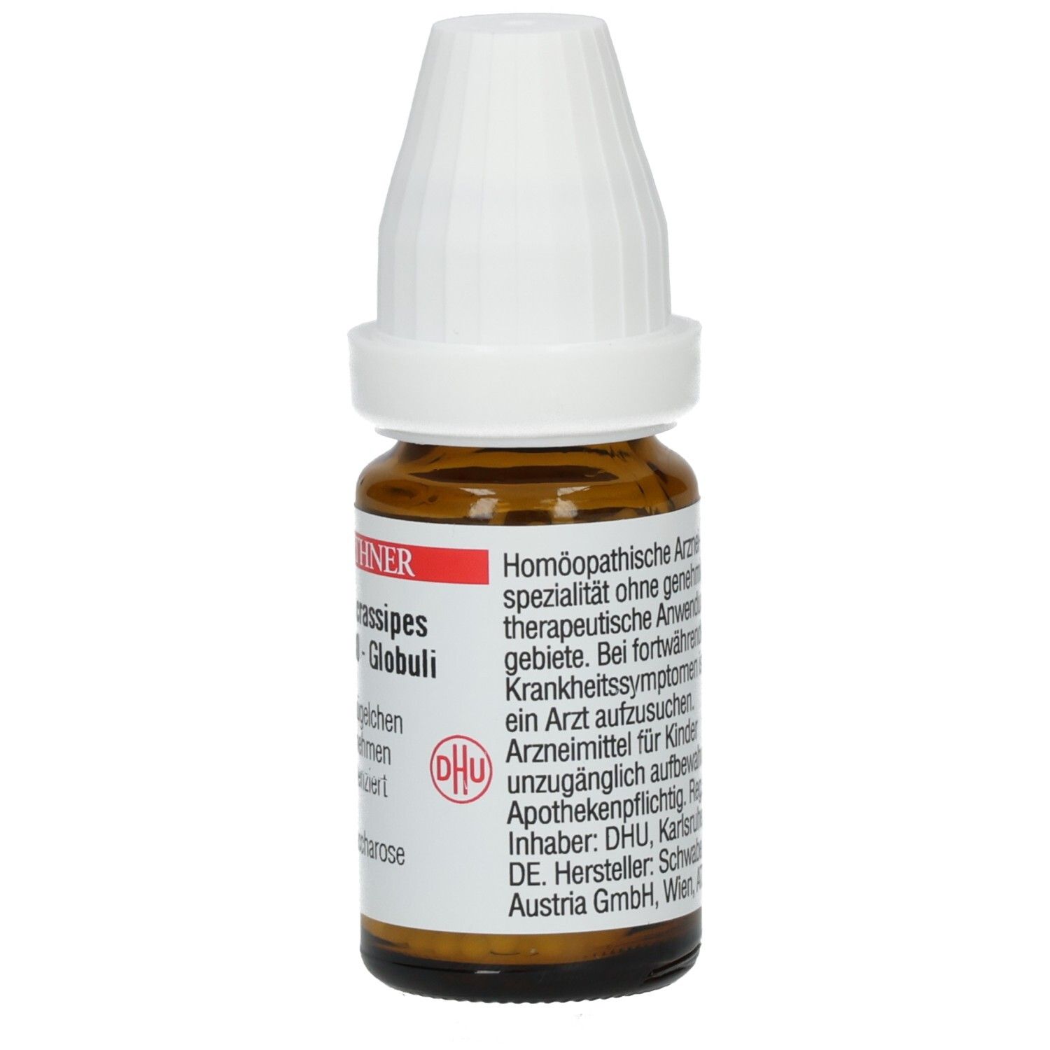 Braune Glasflasche mit weißem Verschluss. Etikett mit Text über homöopathische Arzneimittel. DHU Logo.