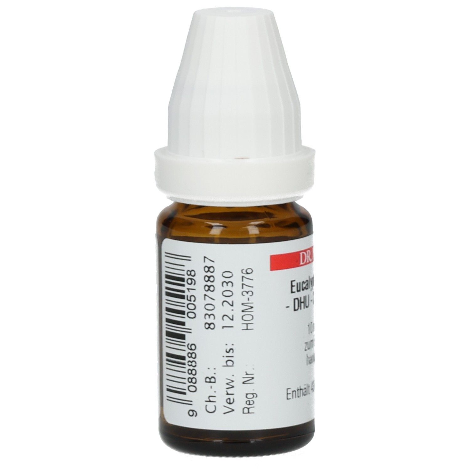 Braune Glasflasche mit weißem Verschluss. Etikett mit Barcode und weiteren Produktinformationen.