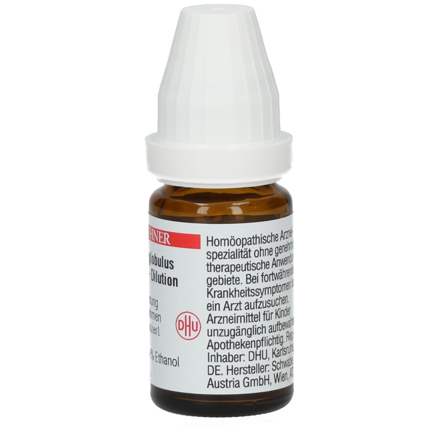 Braune Glasflasche mit weißem Verschluss. Etikett mit Produktinformationen und Text.