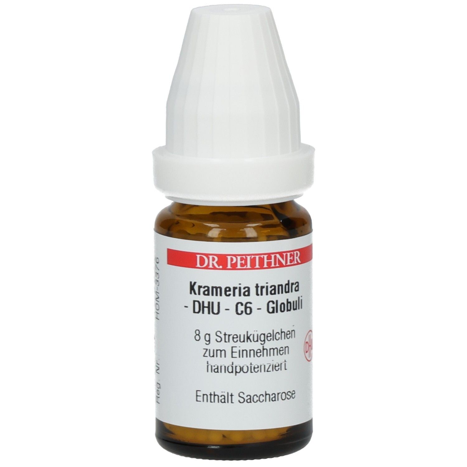 Braune Glasflasche mit weißem Deckel. Etikett mit Text: DR. PEITHNER, Krameria triandra - DHU - C6 - Globuli, 8 g Streukügelchen.