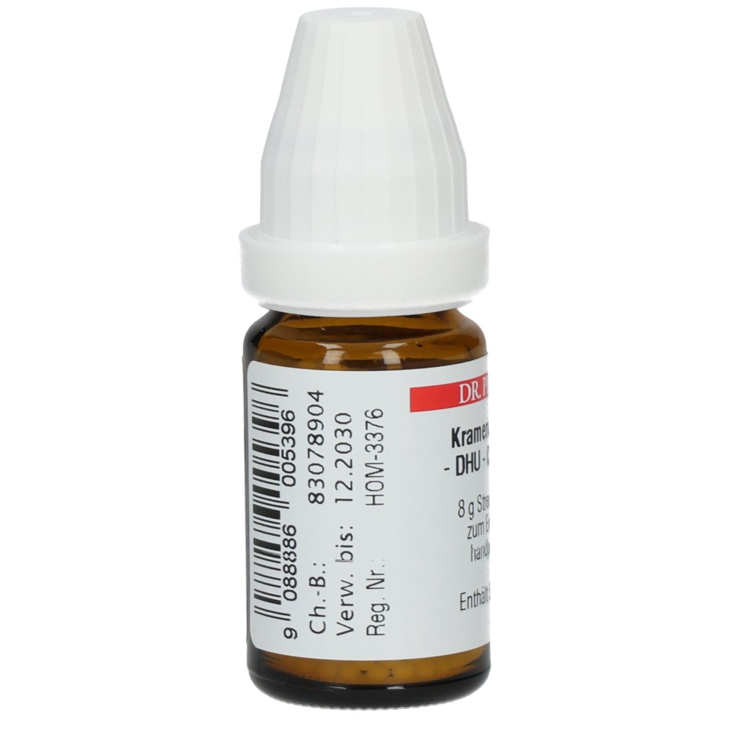Braune Glasflasche mit weißem Deckel. Etikett mit Barcode und Text: Ch.B.: 83078904, Verw. bis: 12.2030, Reg. Nr.: HOM-3376.