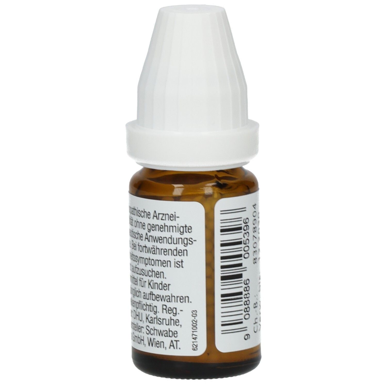 Braune Glasflasche mit weißem Deckel. Etikett mit Text: Homöopathische Arzneimittel, für Kinder unzugänglich aufbewahren.