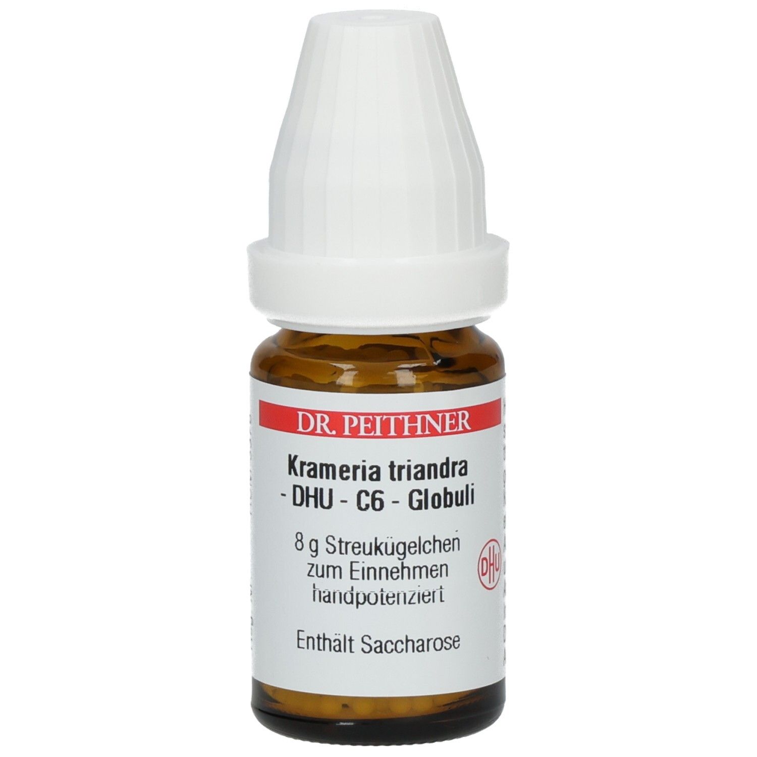 Braune Glasflasche mit weißem Deckel. Etikett mit Text: DR. PEITHNER, Krameria triandra - DHU - C6 - Globuli, 8 g Streukügelchen.