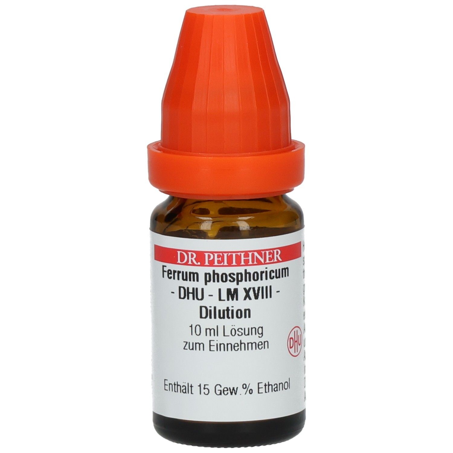 Braune Glasflasche mit orangefarbenem Verschluss. Etikett mit Produktinformationen: DR. PEITHNER, Ferrum phosphoricum, 10 ml Lösung.