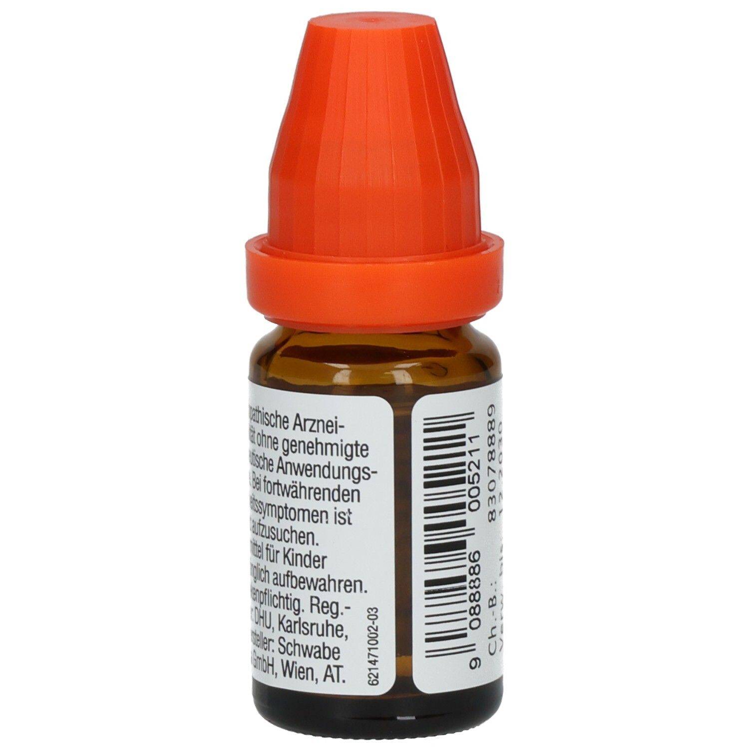 Braune Glasflasche mit orangefarbenem Verschluss. Etikett mit Text: homöopathische Arzneimittel. Barcode.