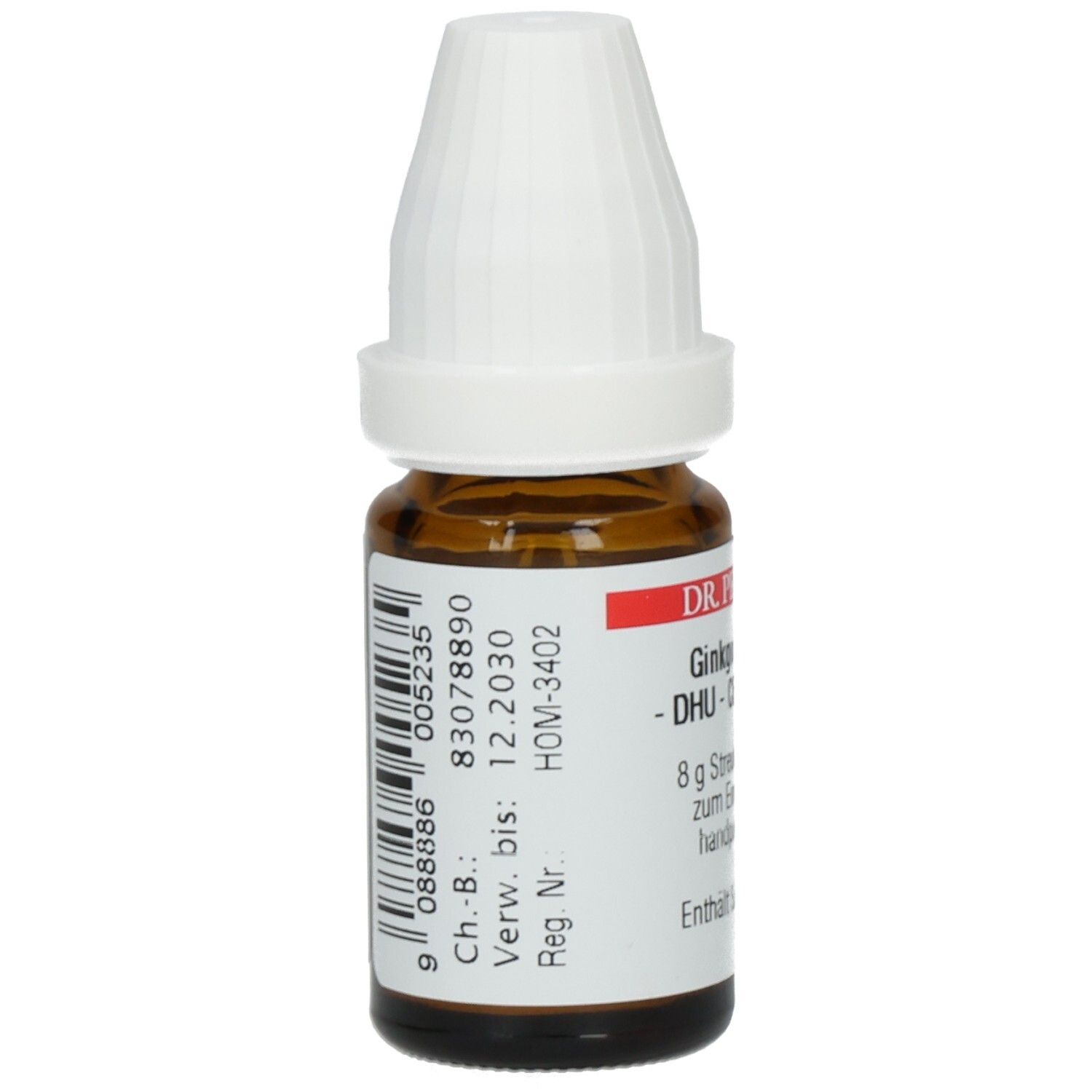 Braune Glasflasche mit weißem Deckel. Etikett mit Barcode und Chargennummer. Verfallsdatum: 12.2030.