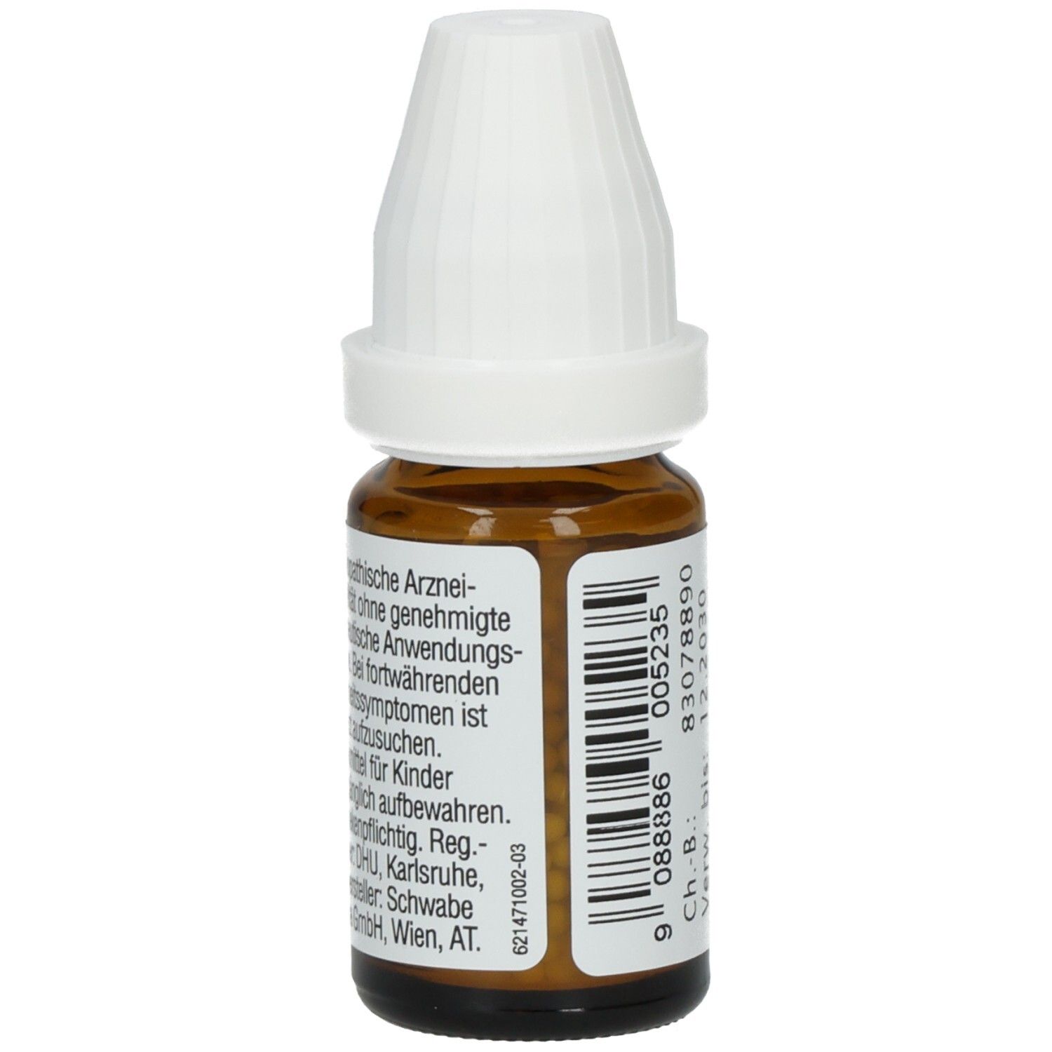 Braune Glasflasche mit weißem Deckel. Etikett mit Text über homöopathische Arzneimittel und Barcode.