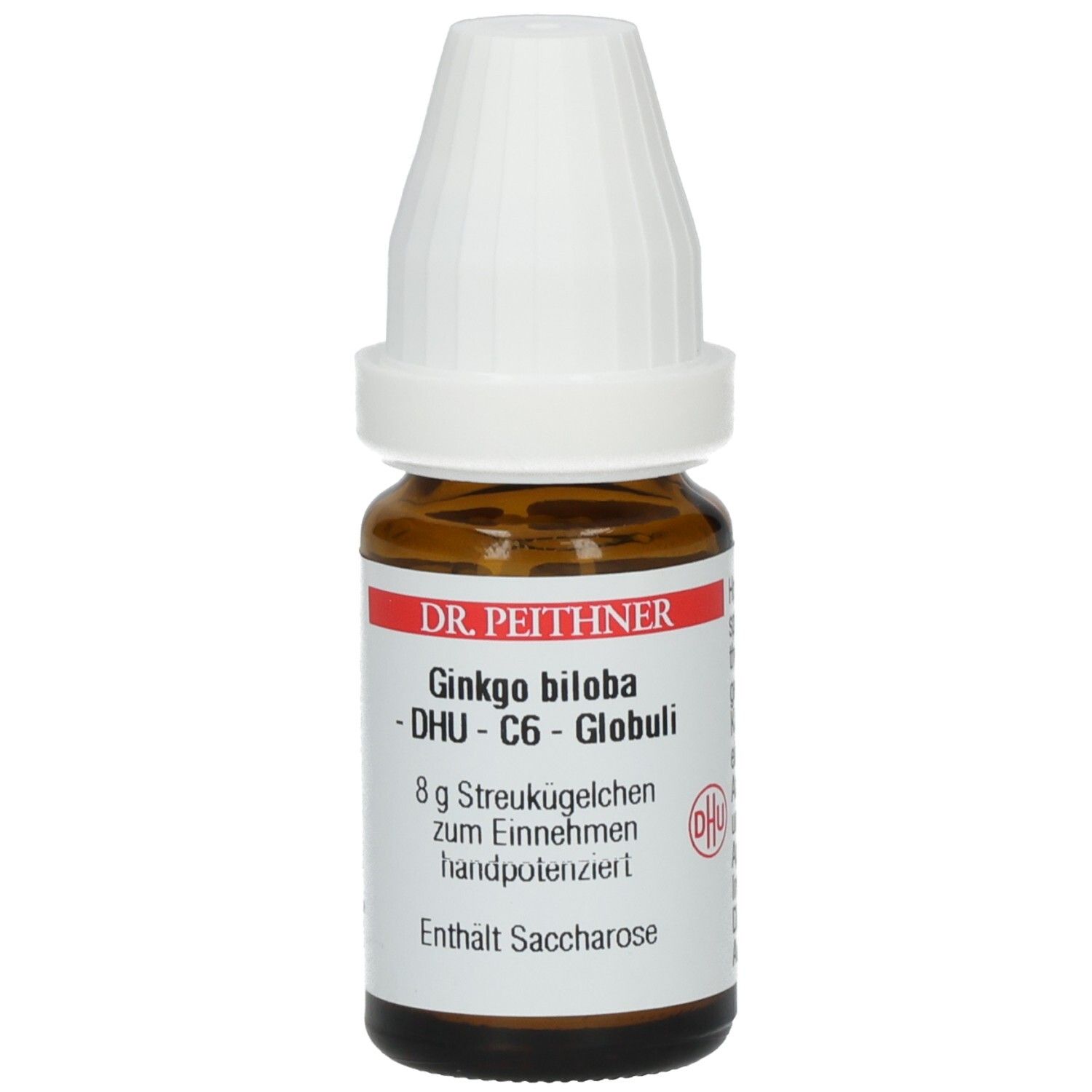 Braune Glasflasche mit weißem Deckel. Etikett mit Aufschrift: Ginkgo biloba - C6 - Globuli. Enthält Saccharose. DHU-Logo.