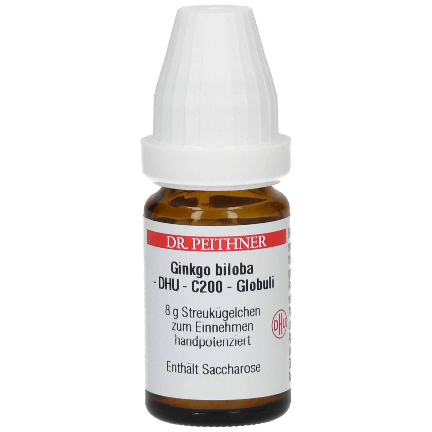 Braune Glasflasche mit weißem Deckel. Etikett mit Text: Ginkgo biloba C200 DHU Globuli, 8 g Streukügelchen.
