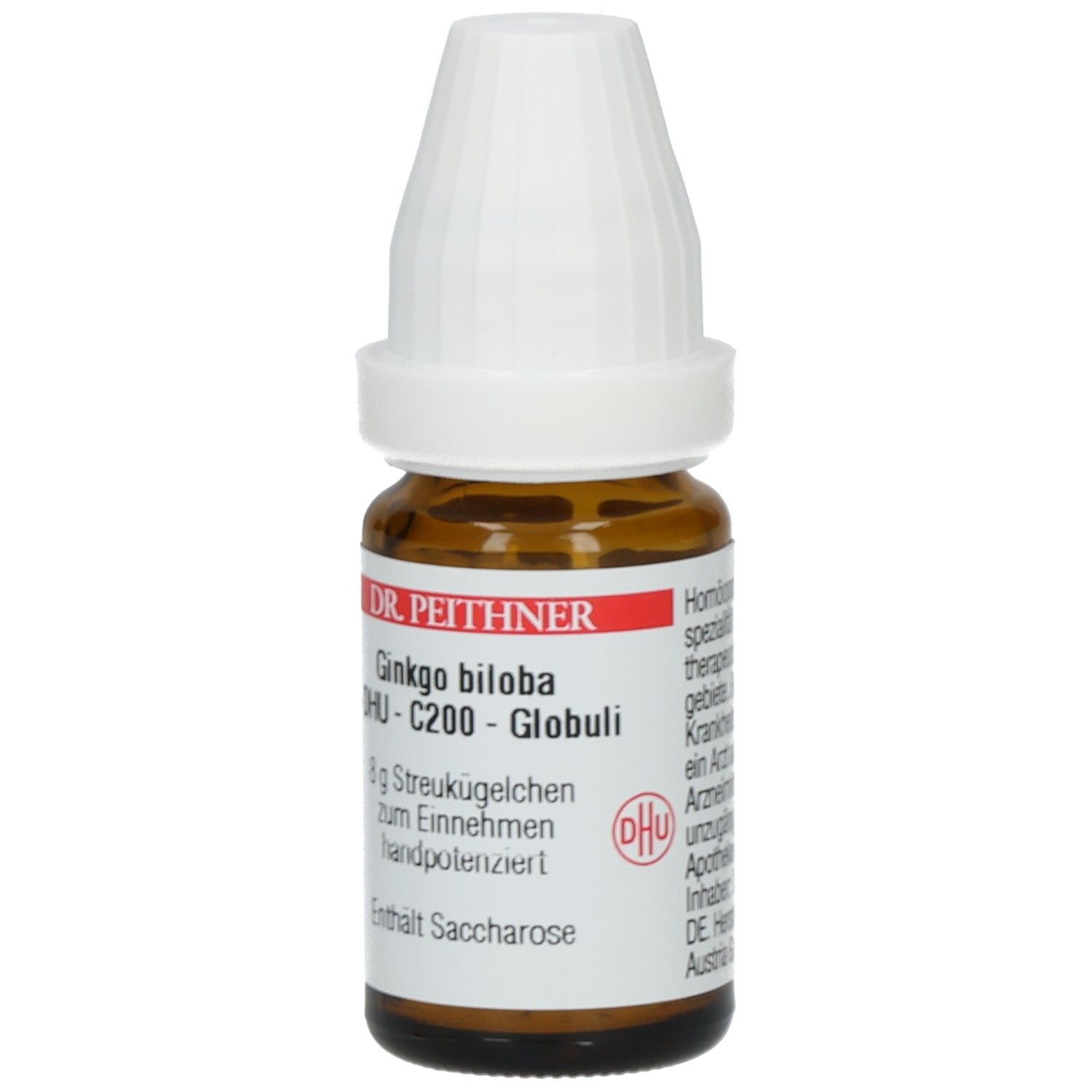 Braune Glasflasche mit weißem Deckel. Etikett mit Text: Ginkgo biloba C200 DHU Globuli, 8 g Streukügelchen.