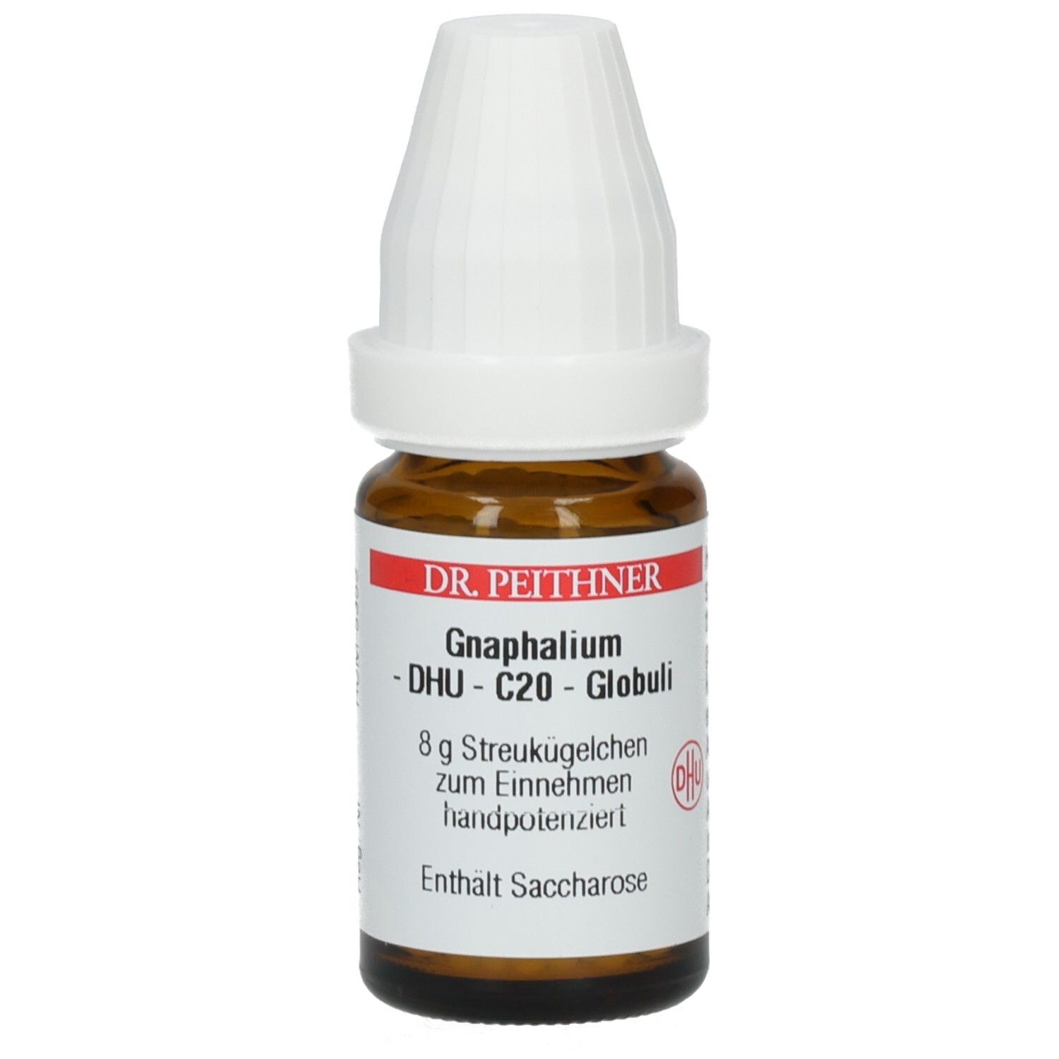 Braune Glasflasche mit weißem Deckel. Etikett mit Produktnamen, DHU, C20 Globuli, 8g Streukügelchen, Enthält Saccharose.