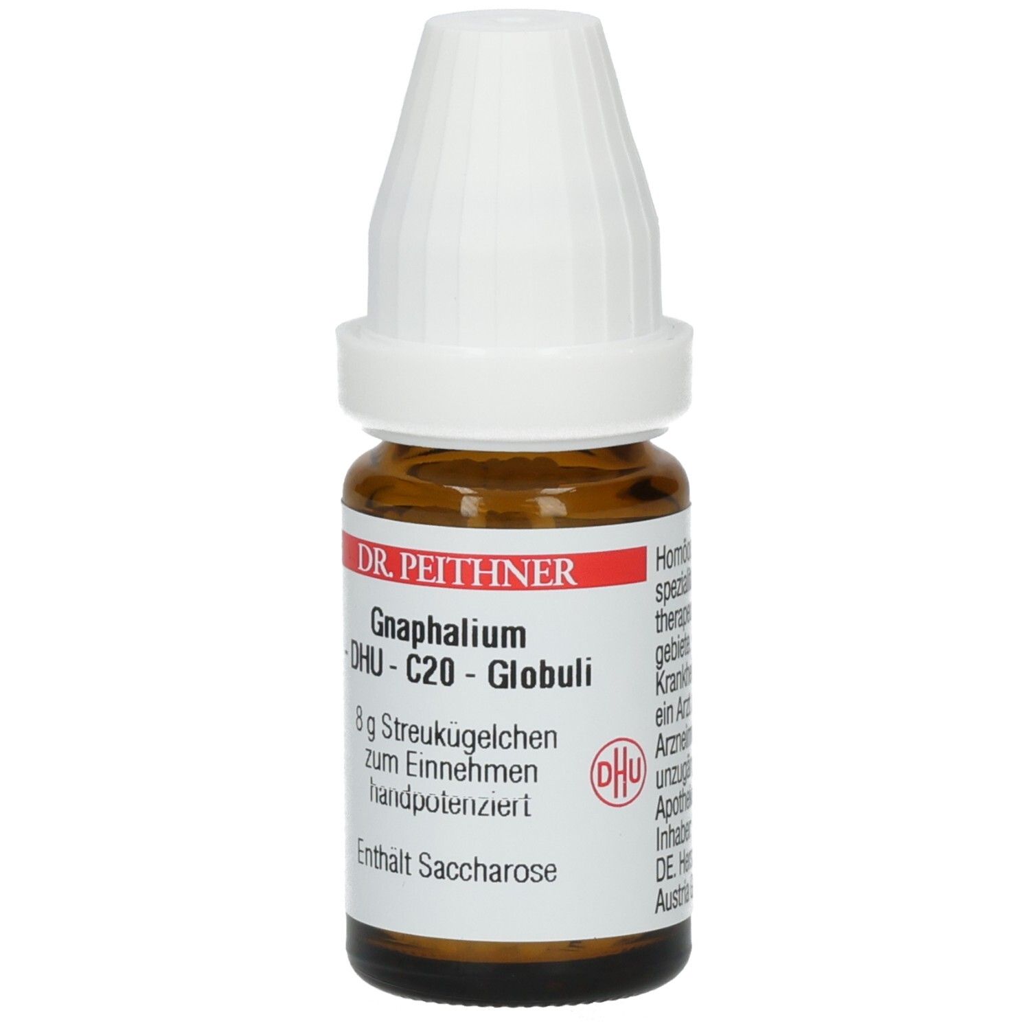 Braune Glasflasche mit weißem Deckel. Etikett mit Produktnamen, DHU, C20 Globuli, 8g Streukügelchen, Enthält Saccharose.