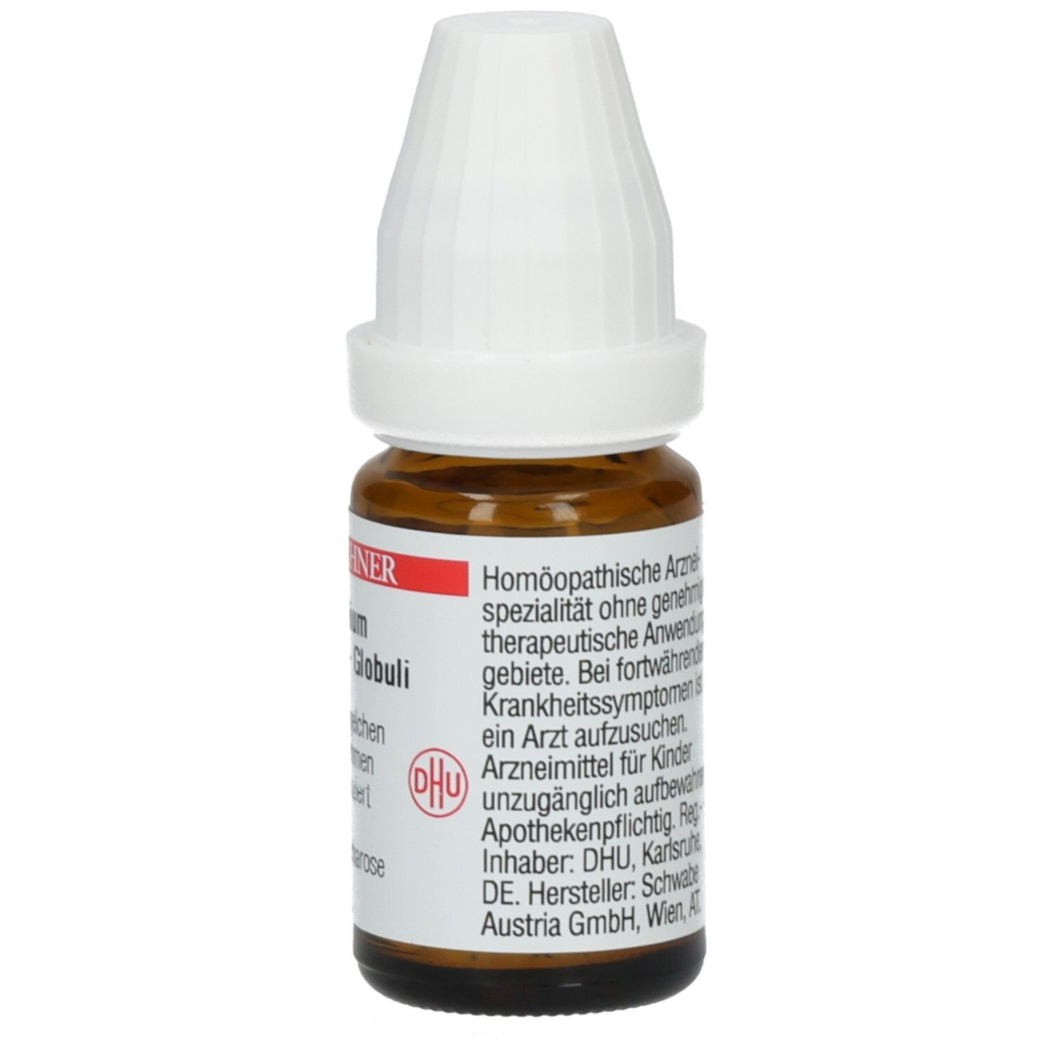 Braune Glasflasche mit weißem Deckel. Etikett mit Text über homöopathische Arzneimittel. Produktname und DHU Logo sichtbar.