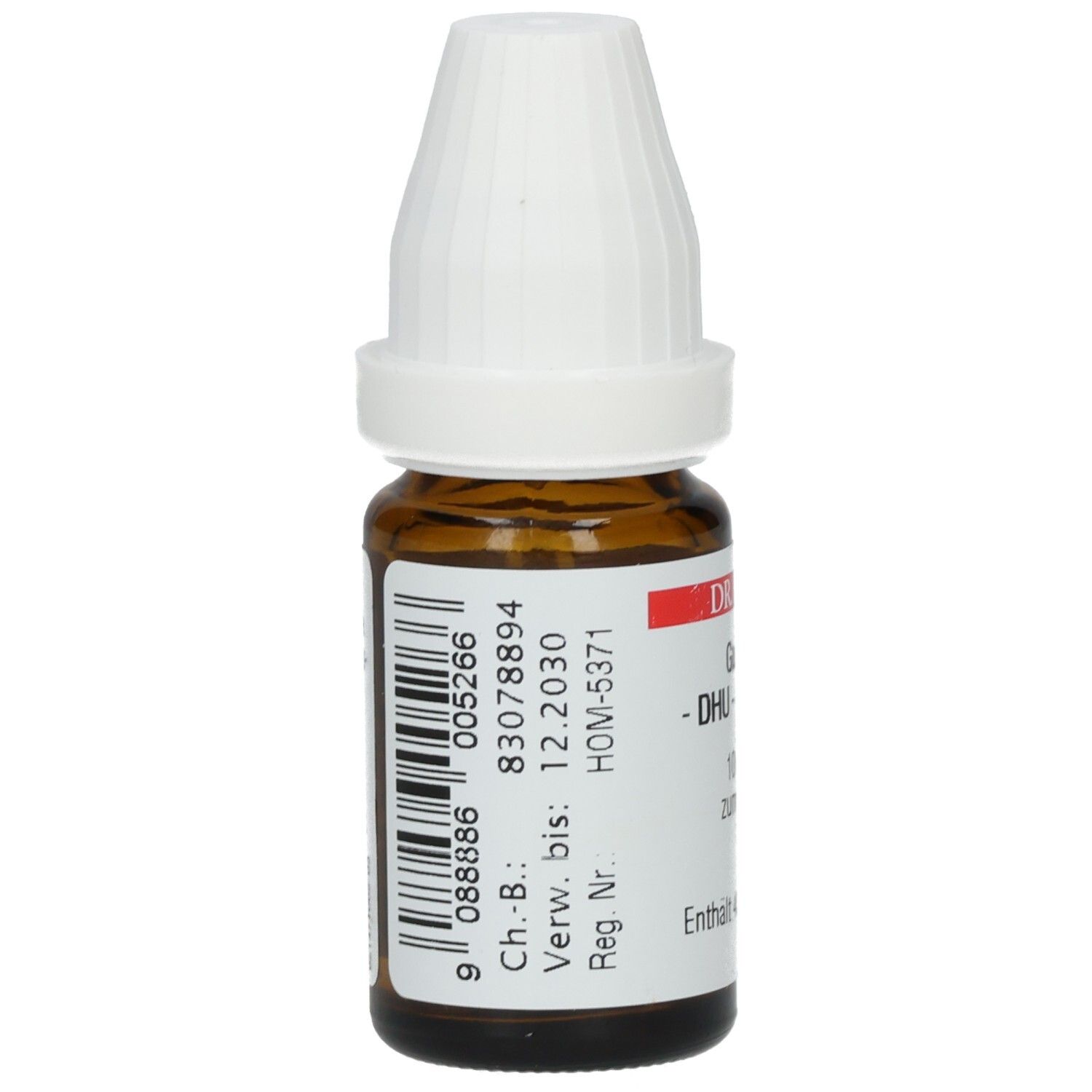 Braune Glasflasche mit weißem Verschluss. Barcode und weitere Informationen auf dem Etikett.