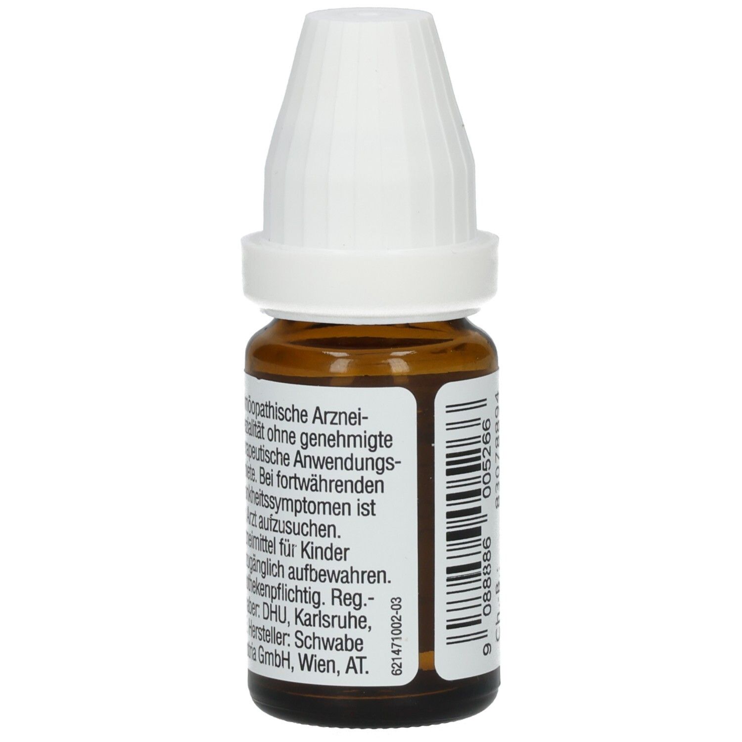 Braune Glasflasche mit weißem Verschluss. Text auf dem Etikett: homöopathische Arzneimittel.