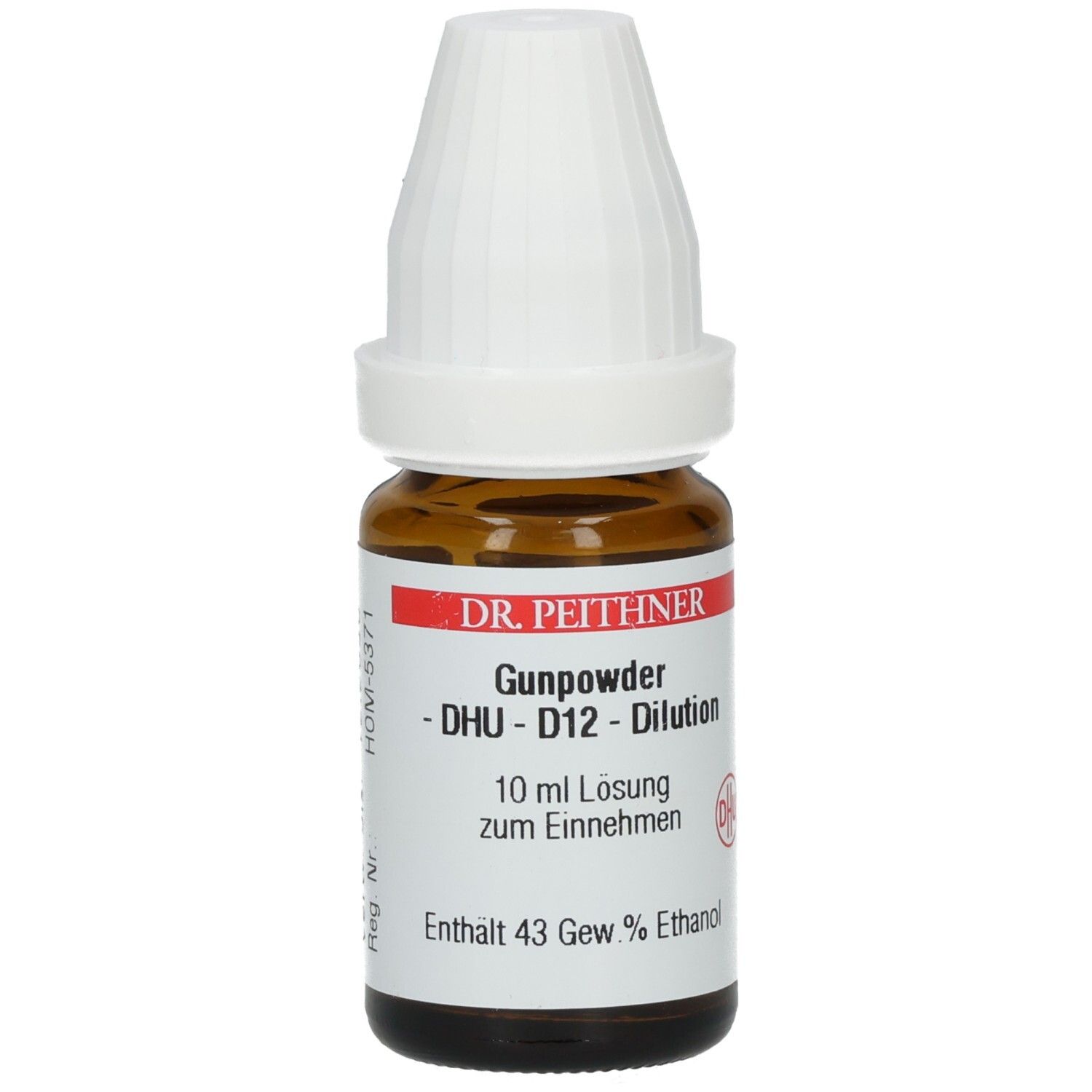 Braune Glasflasche mit weißem Verschluss. Beschriftung: DR. REITHNER Gunpowder - DHU - D12 - Dilution. 10 ml Lösung.