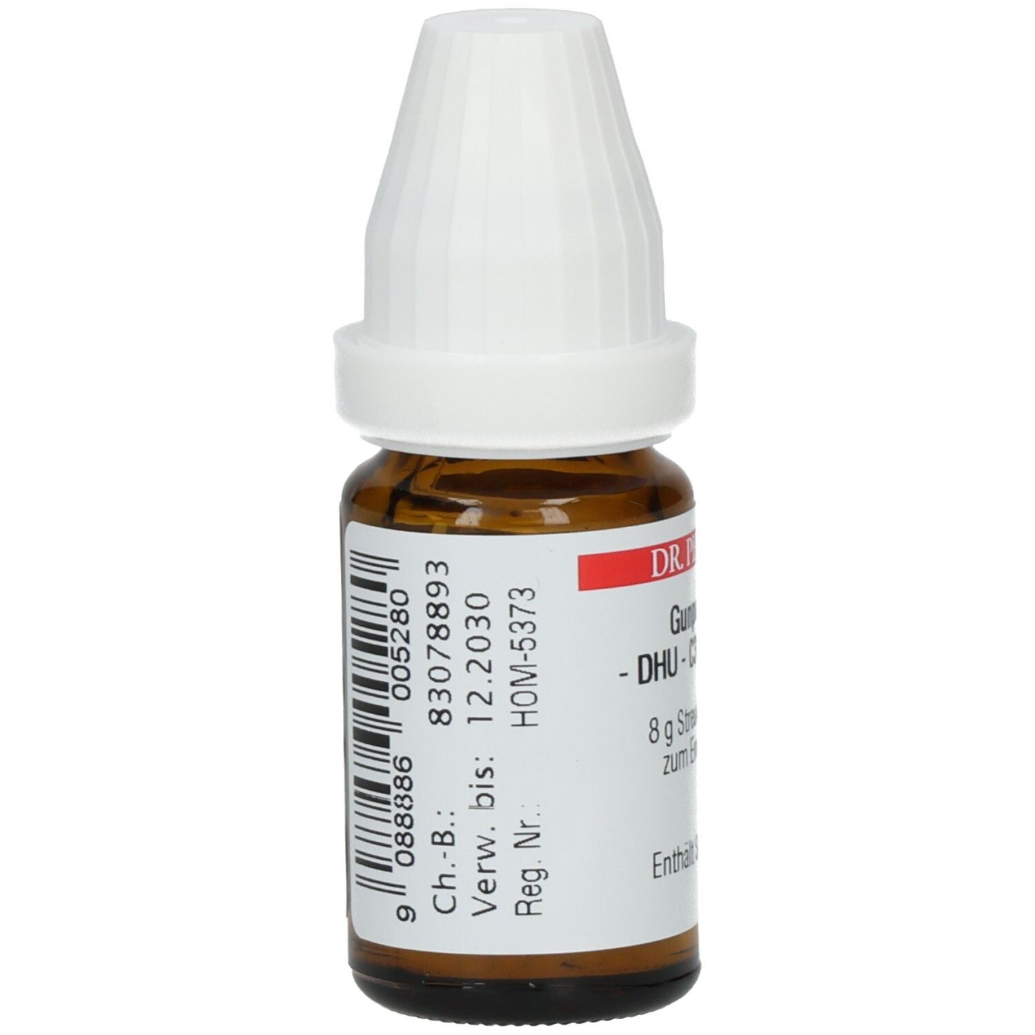 Braune Glasflasche mit weißem Verschluss. Etikett mit Barcode und Informationen: Ch.-B., Verw. bis, Reg. Nr., HOM-5373.