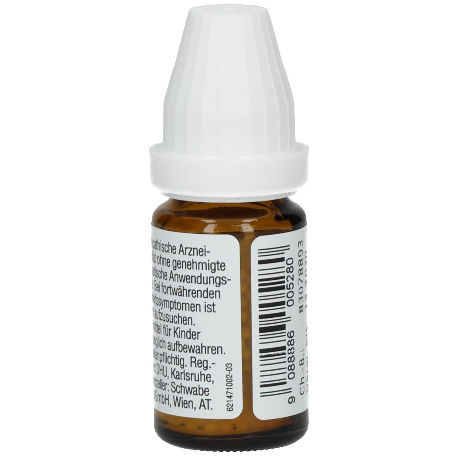 Braune Glasflasche mit weißem Verschluss. Etikett mit Text über homöopathische Arzneimittel und Herstellerinformationen.