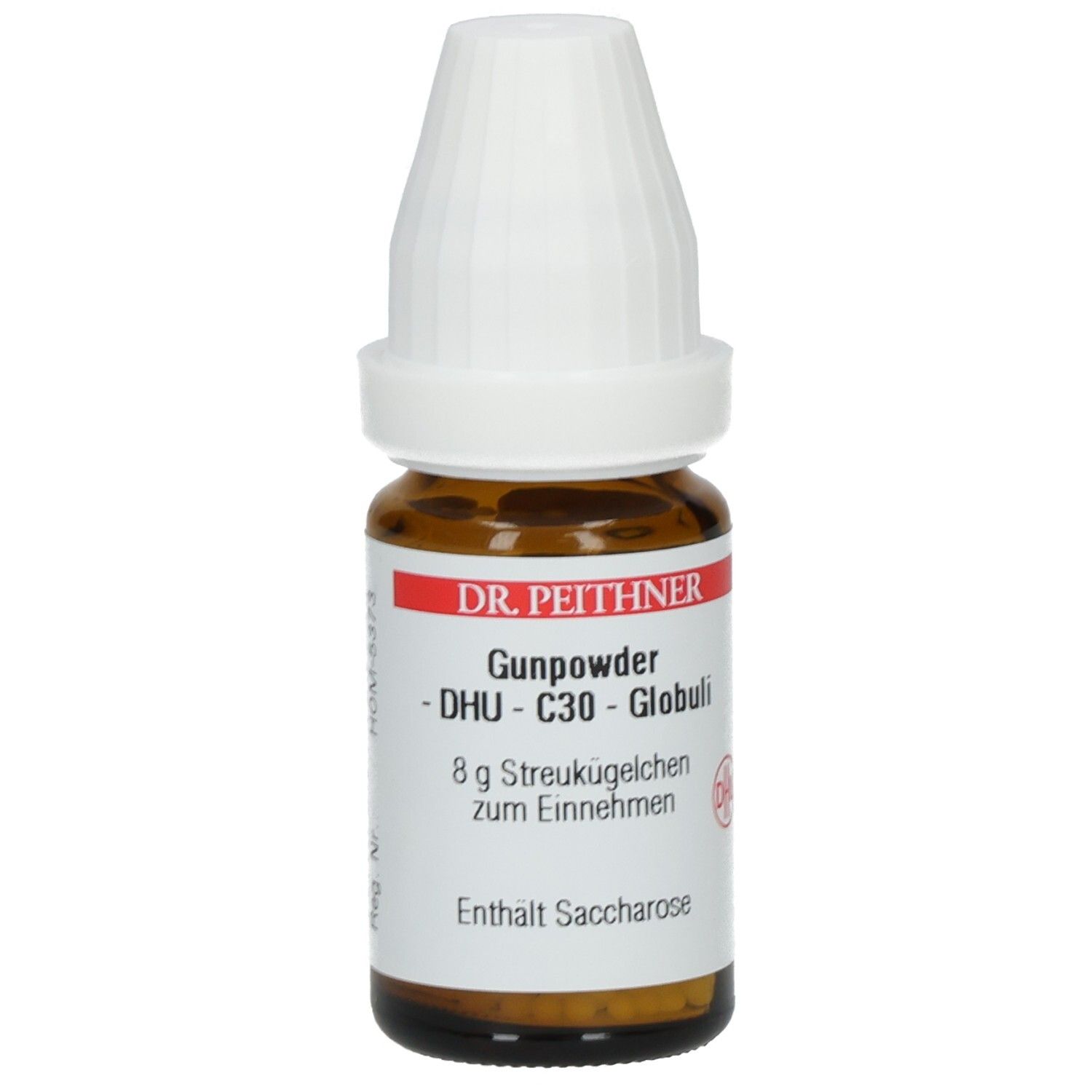 Braune Glasflasche mit weißem Verschluss. Aufschrift: DR. PEITHNER, Gunpowder - DHU - C30 - Globuli, 8 g Streukügelchen.
