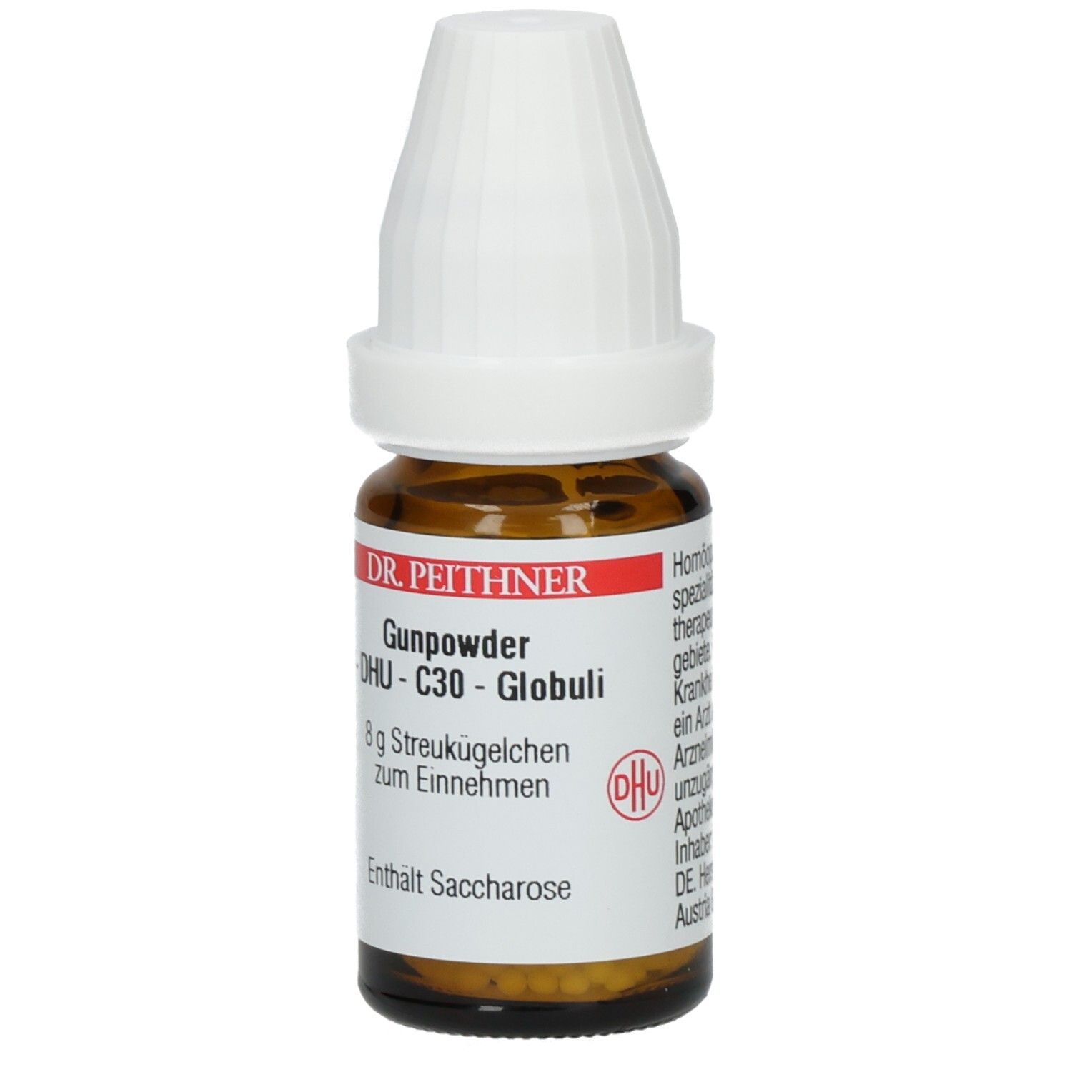 Braune Glasflasche mit weißem Verschluss. Aufschrift: DR. PEITHNER, Gunpowder - DHU - C30 - Globuli, 8 g Streukügelchen, DHU Logo.
