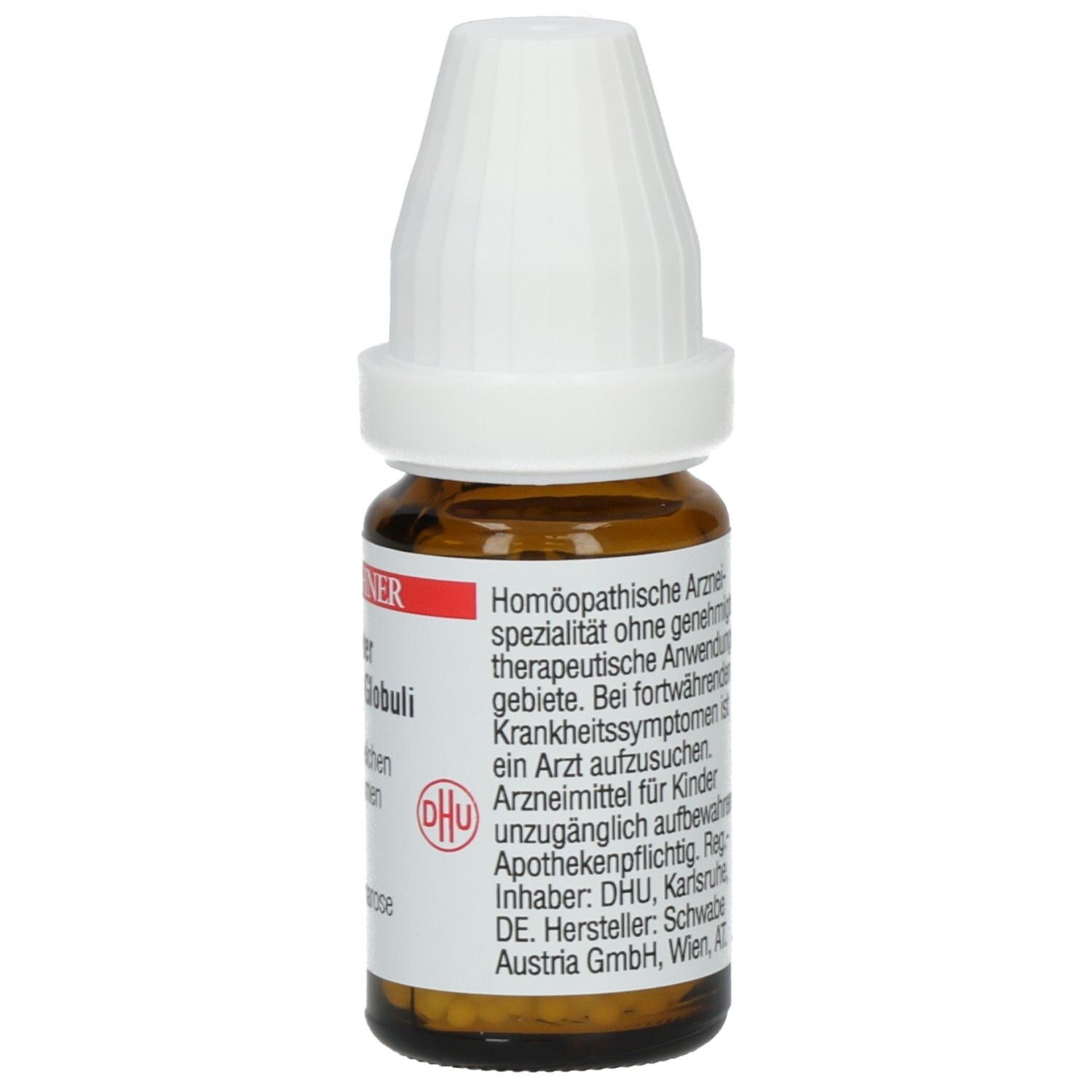 Braune Glasflasche mit weißem Verschluss. Etikett mit Text über homöopathische Arzneimittel, DHU Logo und Herstellerinformationen.