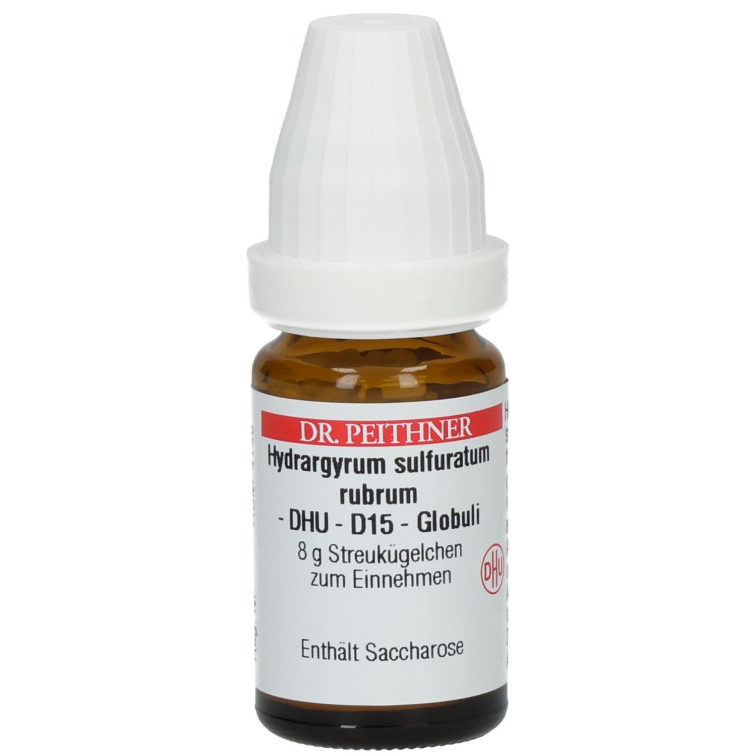 Braune Glasflasche mit weißem Deckel. Etikett mit Produktnamen und DHU-Logo. Enthält Globuli.