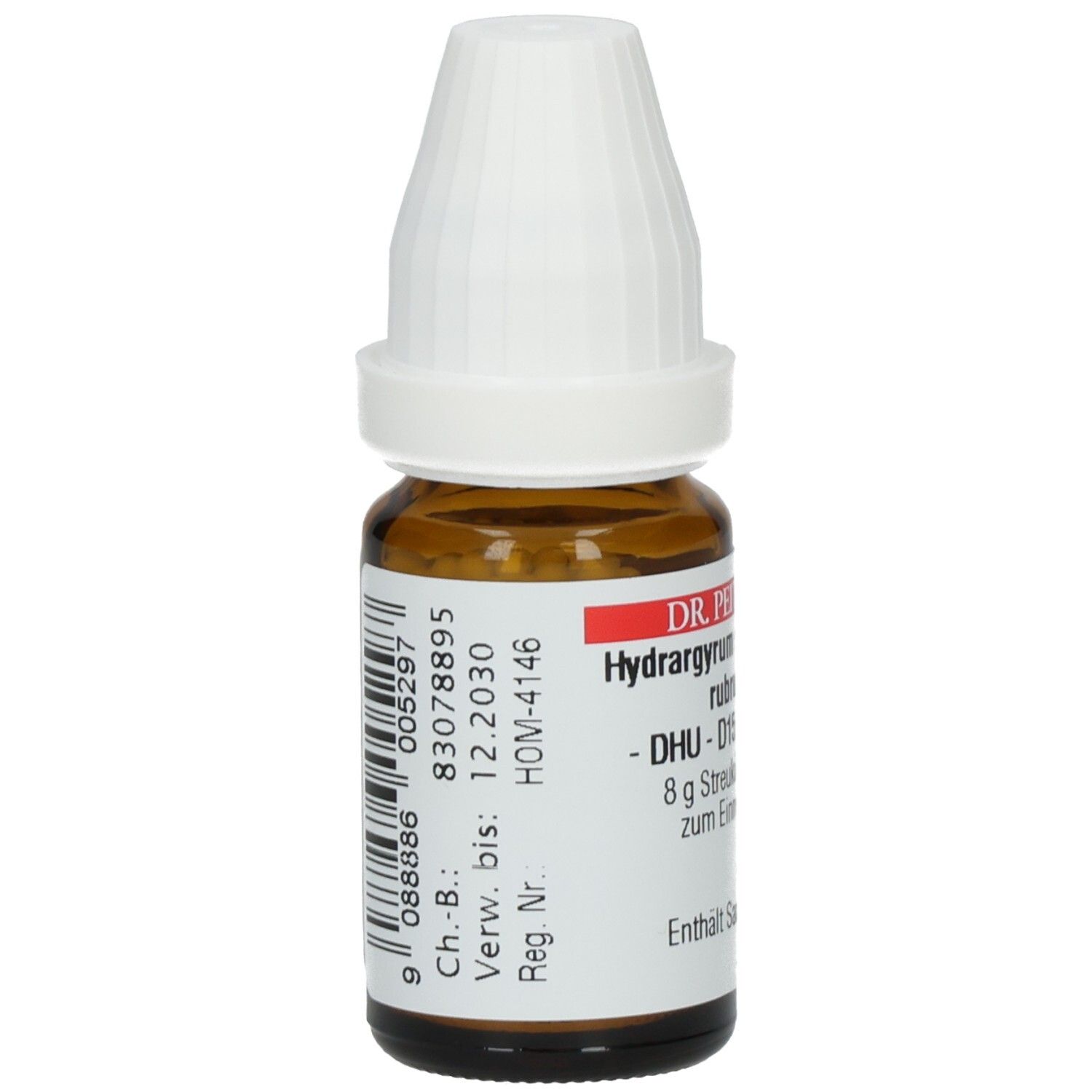 Braune Glasflasche mit weißem Deckel. Etikett mit Produktinformationen und Barcode. DHU-Logo.