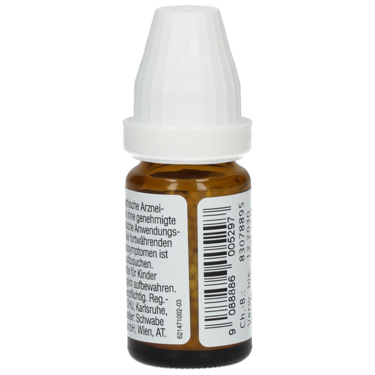 Braune Glasflasche mit weißem Deckel. Etikett mit Produktinformationen und Barcode. DHU-Logo.