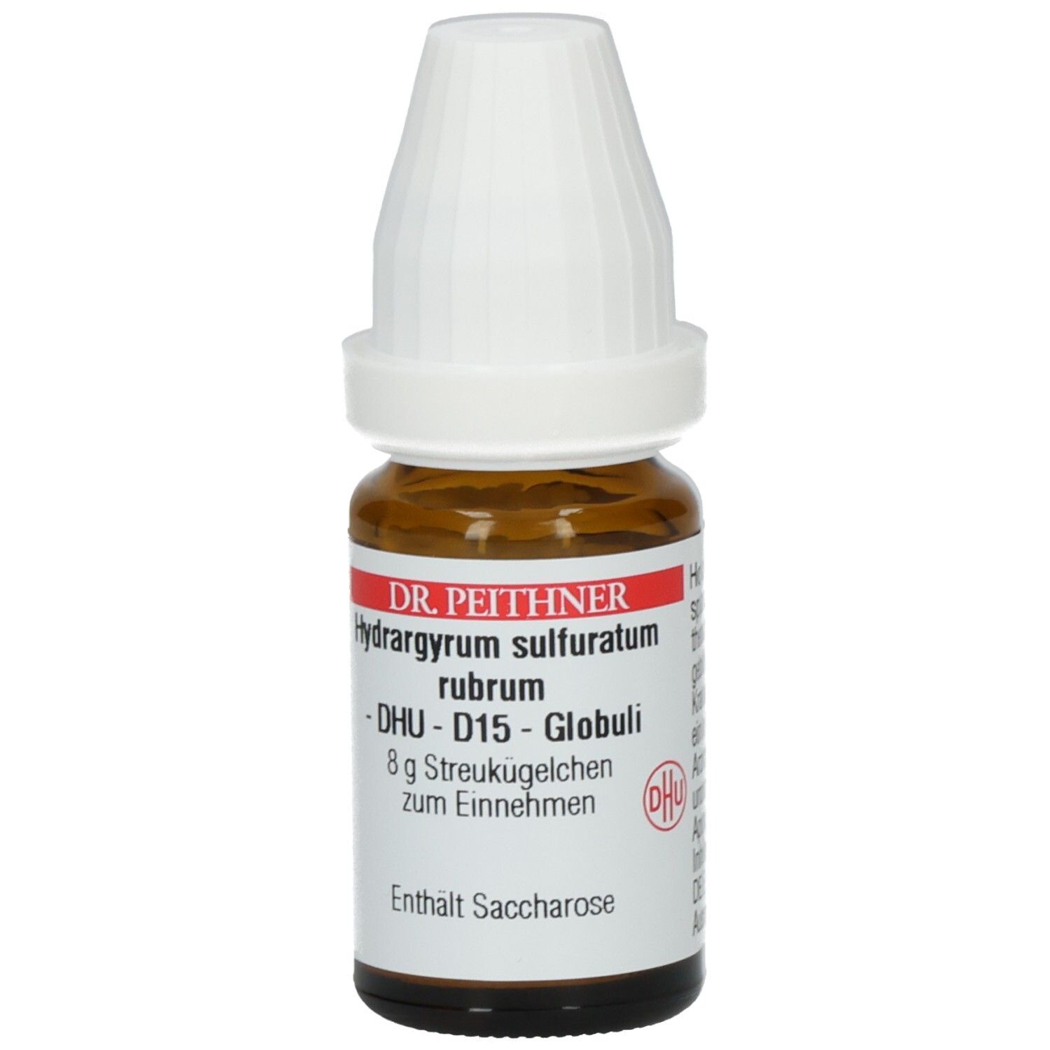 Braune Glasflasche mit weißem Deckel. Etikett mit Produktnamen und DHU-Logo. Enthält Globuli.